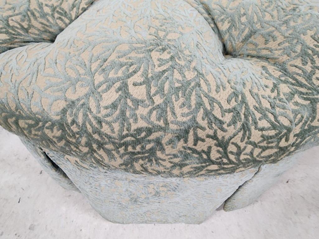 Offering One Of Our Recent Palm Beach Estate Fine Furniture Acquisitions Of A 
Beautiful Tufted Ottoman Pouf Footstool 
Velvet fabric is Seafoam Green color with a Goldenrod Coral Pattern

Approximate Measurements in Inches
19
