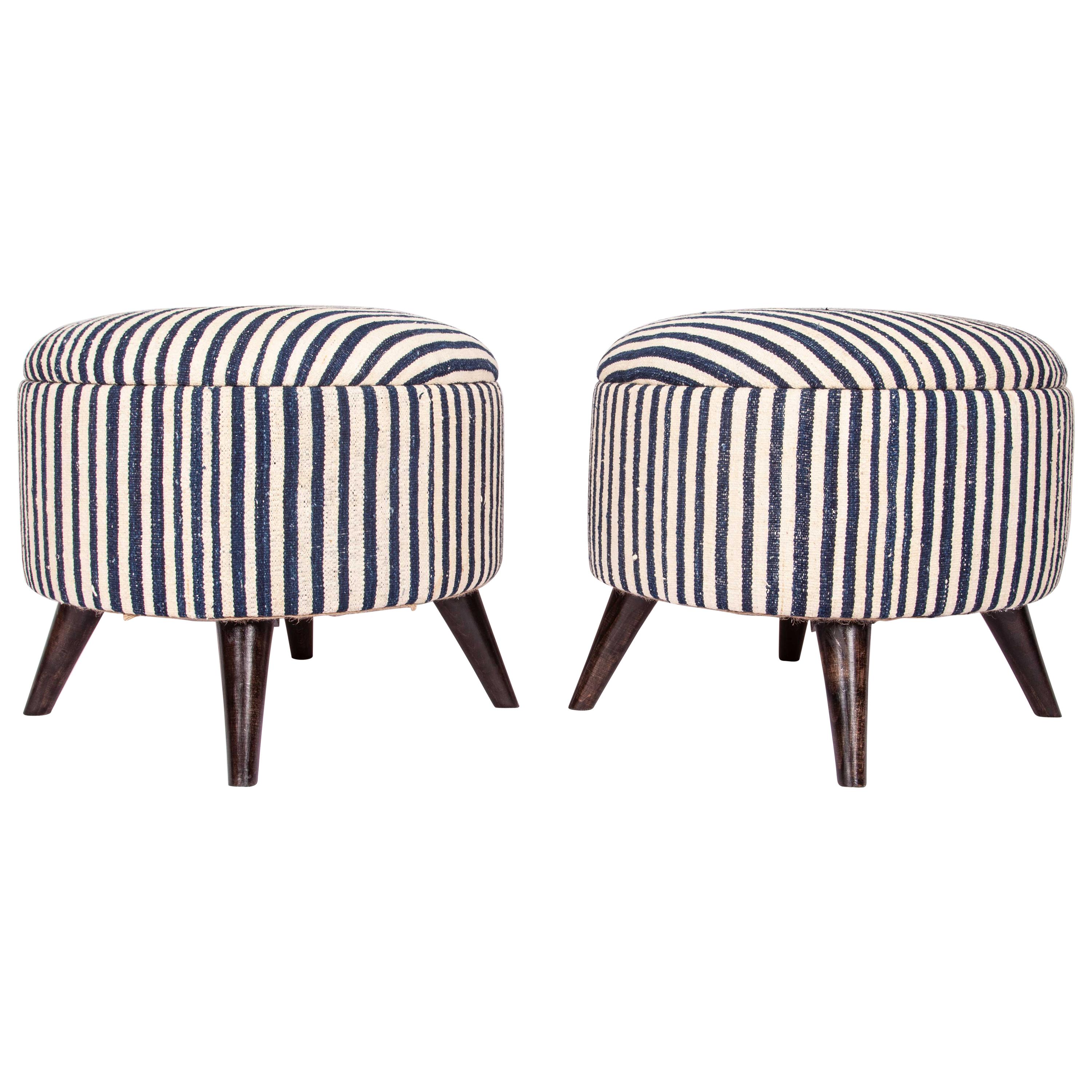 Ottoman or Poufs Fashioned from a Early 20th Century Indigo Cotton