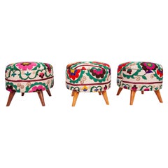 Ottoman / Poufs Upholstered with a Vintage Uzbek Sızani