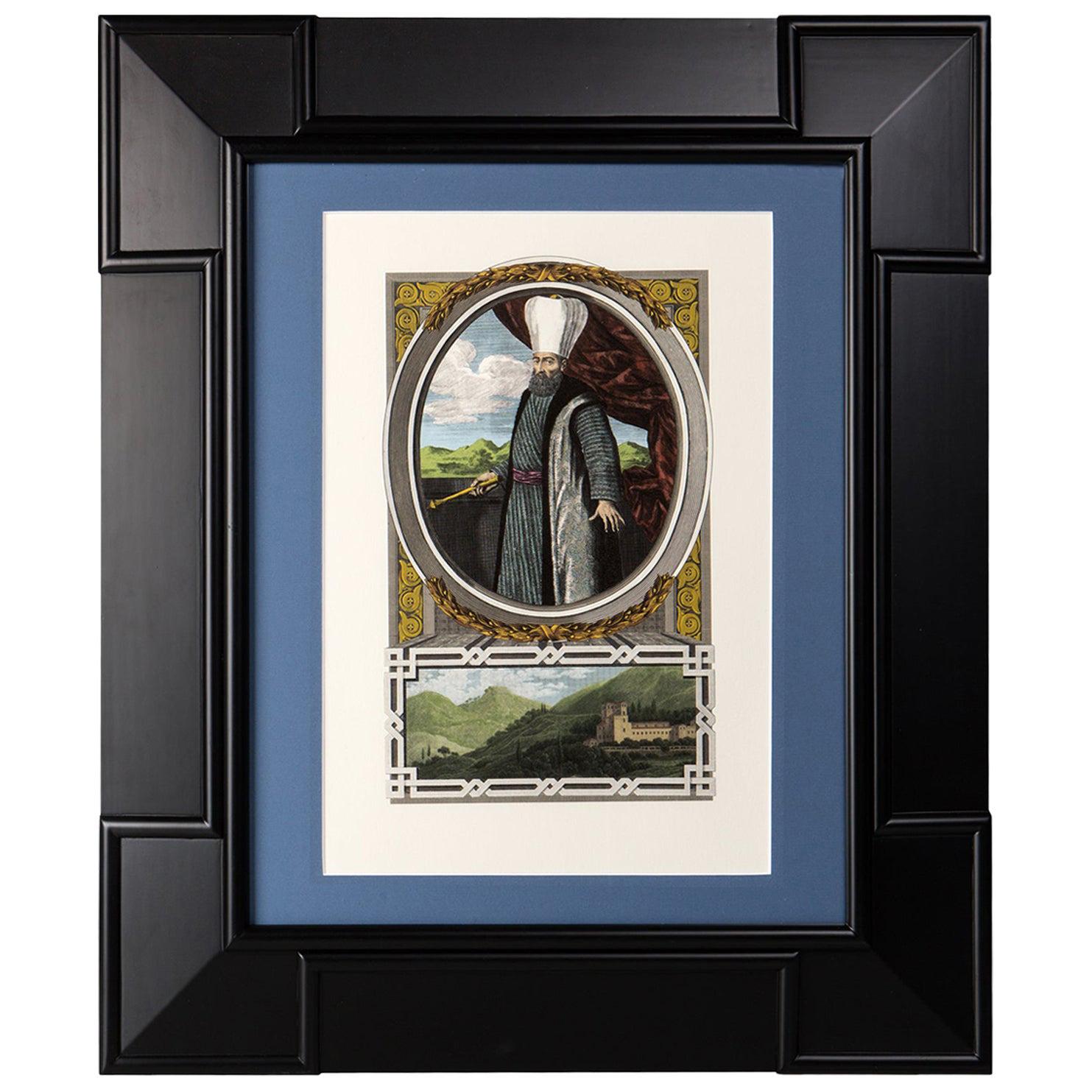Italian Contemporary Gliceé Ottoman Print n.1 with Black Laquered Wood Frame For Sale