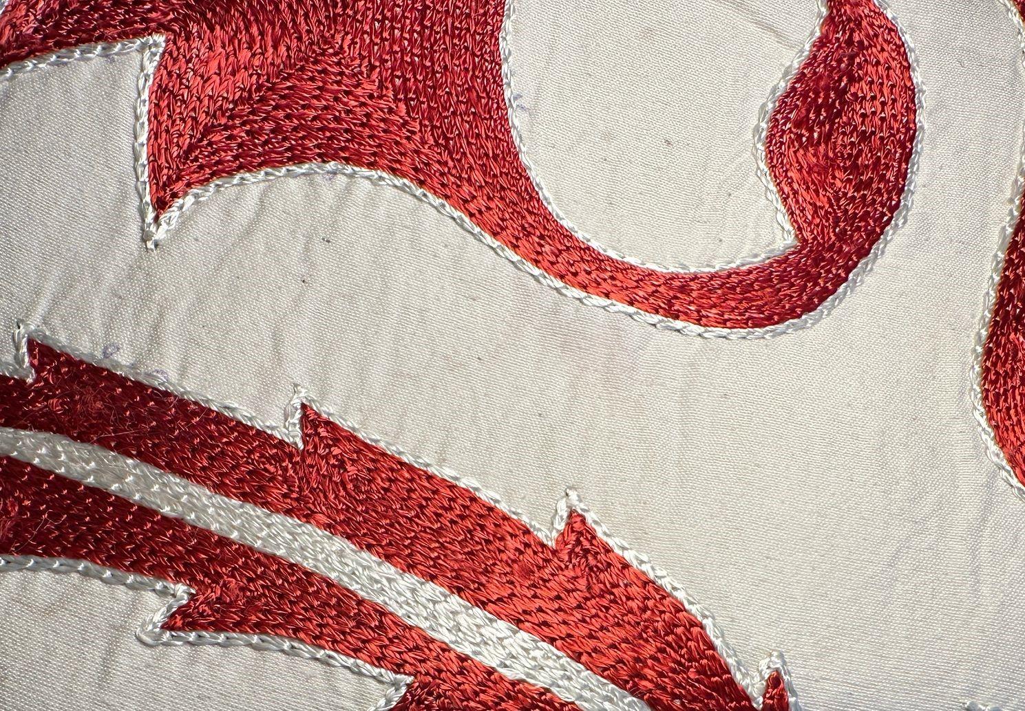 Suzani Ottoman Red Carnation Silk Hand Embroidered Cushion in vendita