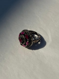 Ottoman Revival Sterling Silver Ring with Cherry Amethyst-Colored Stones and Mar