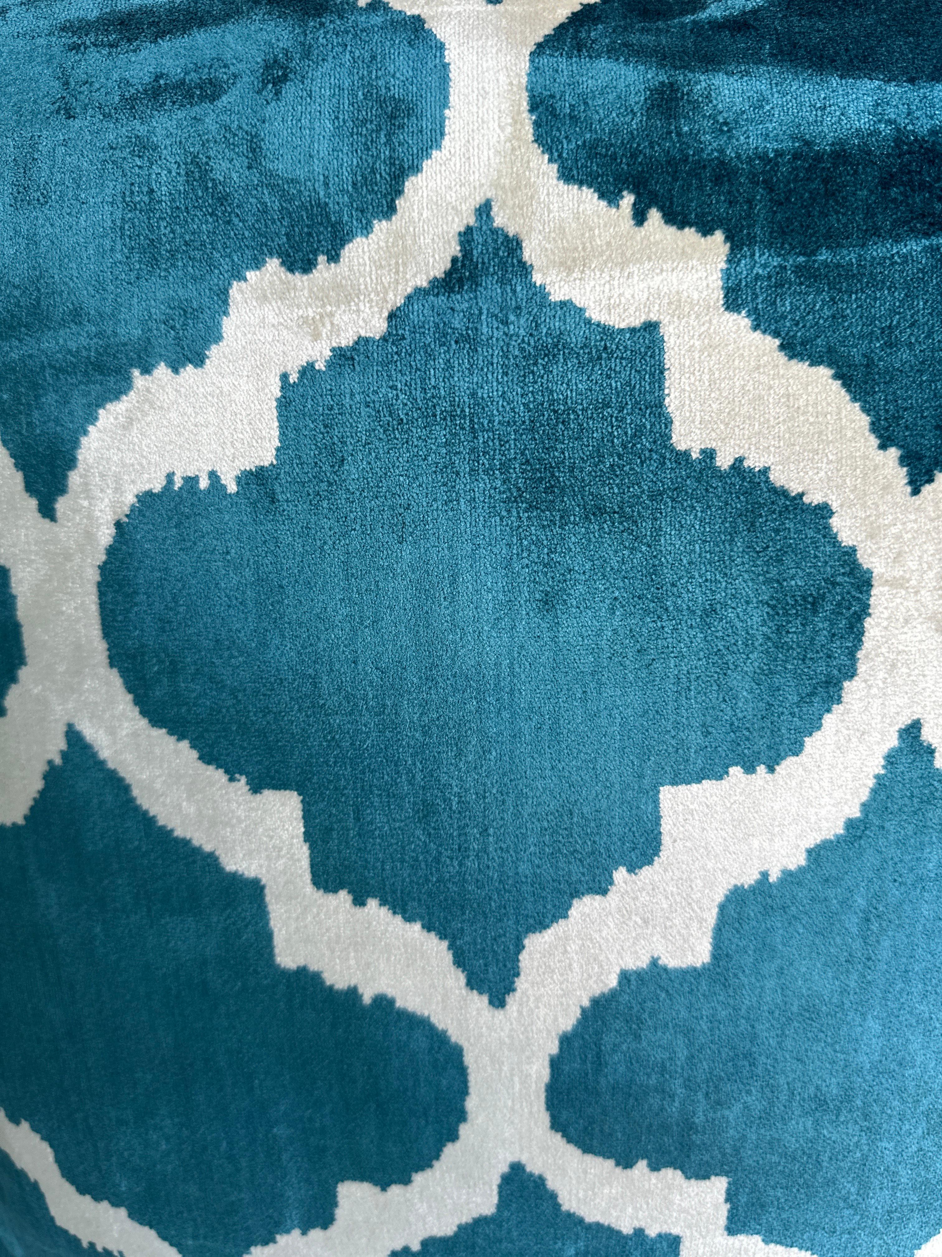Turkish Ottoman Silk Blue Handwoven Velvet Cushion Cover For Sale