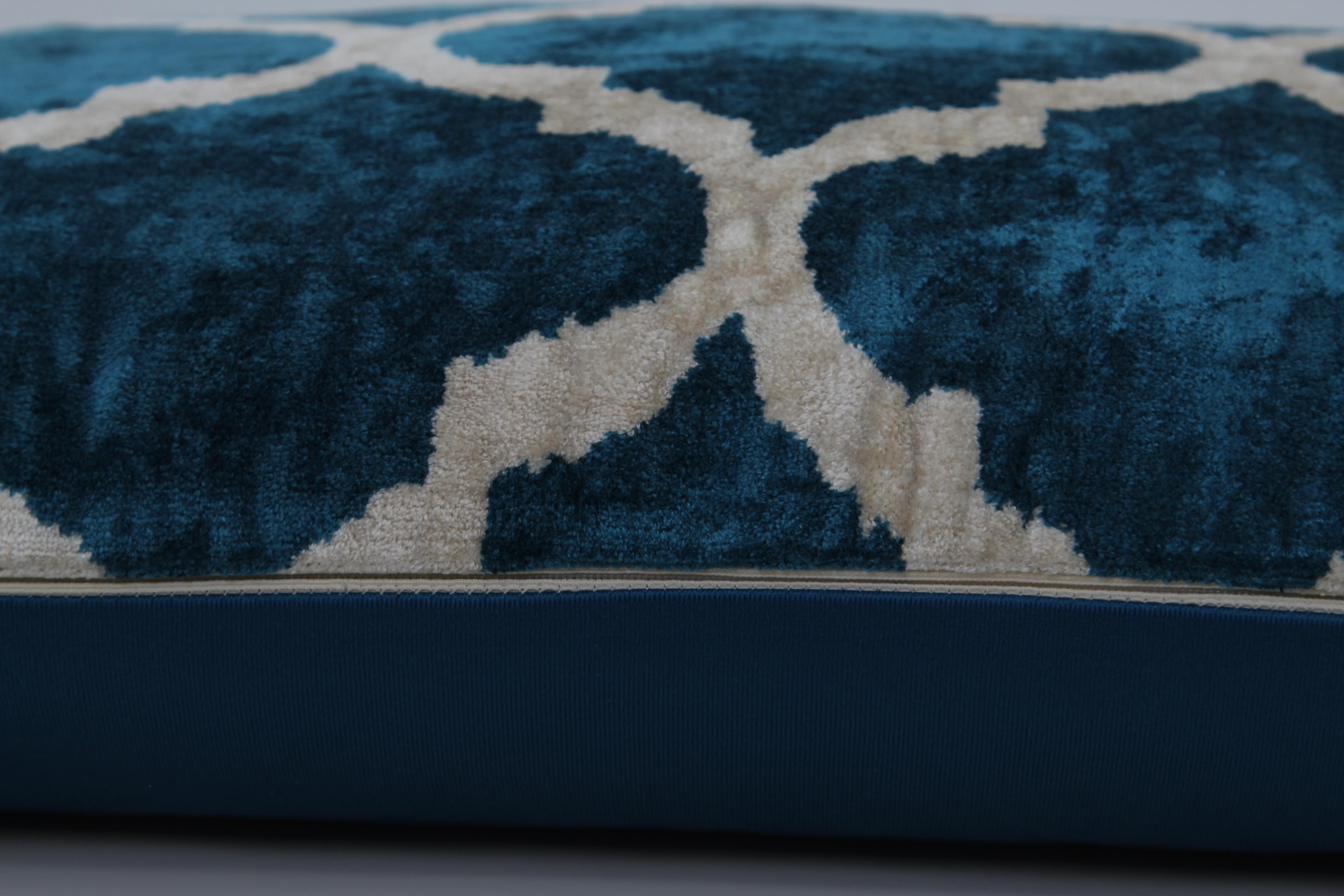 Hand-Painted Ottoman Silk Blue Handwoven Velvet Cushion Cover For Sale