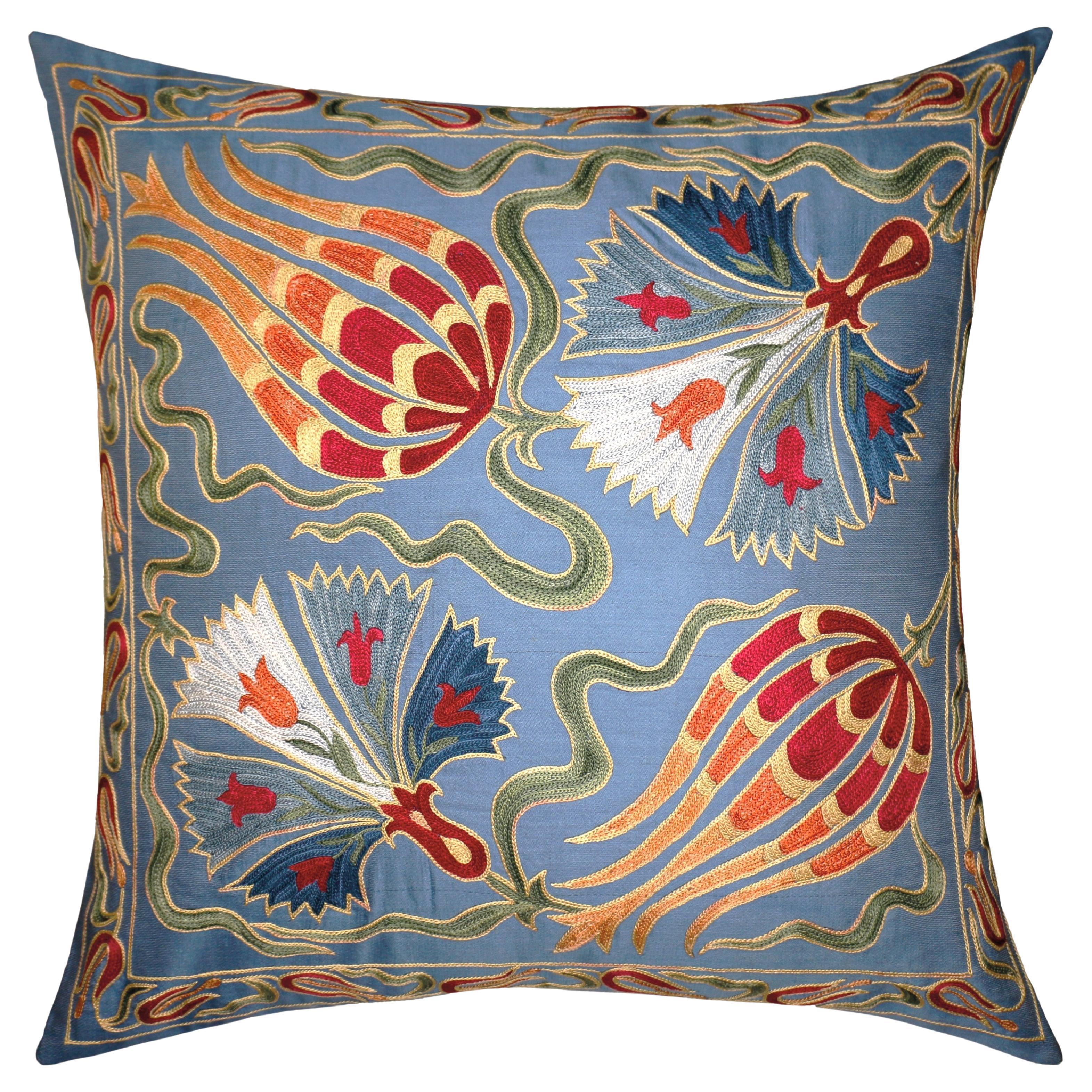 Ottoman Silk Carnation and Tulip Embroidered Suzani Cushion Cover