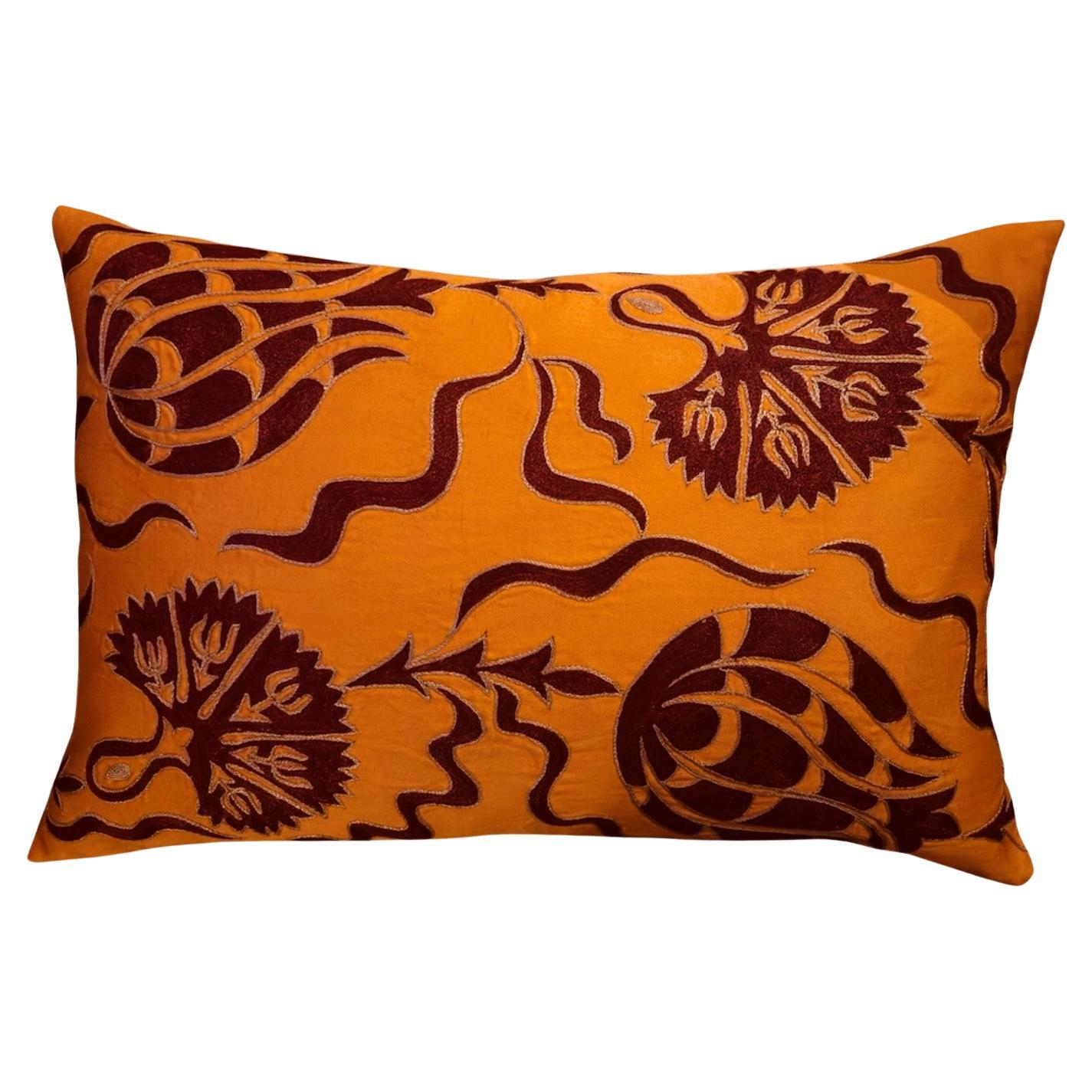 Ottoman Silk Carnation and Tulip Embroidered Suzani Cushion