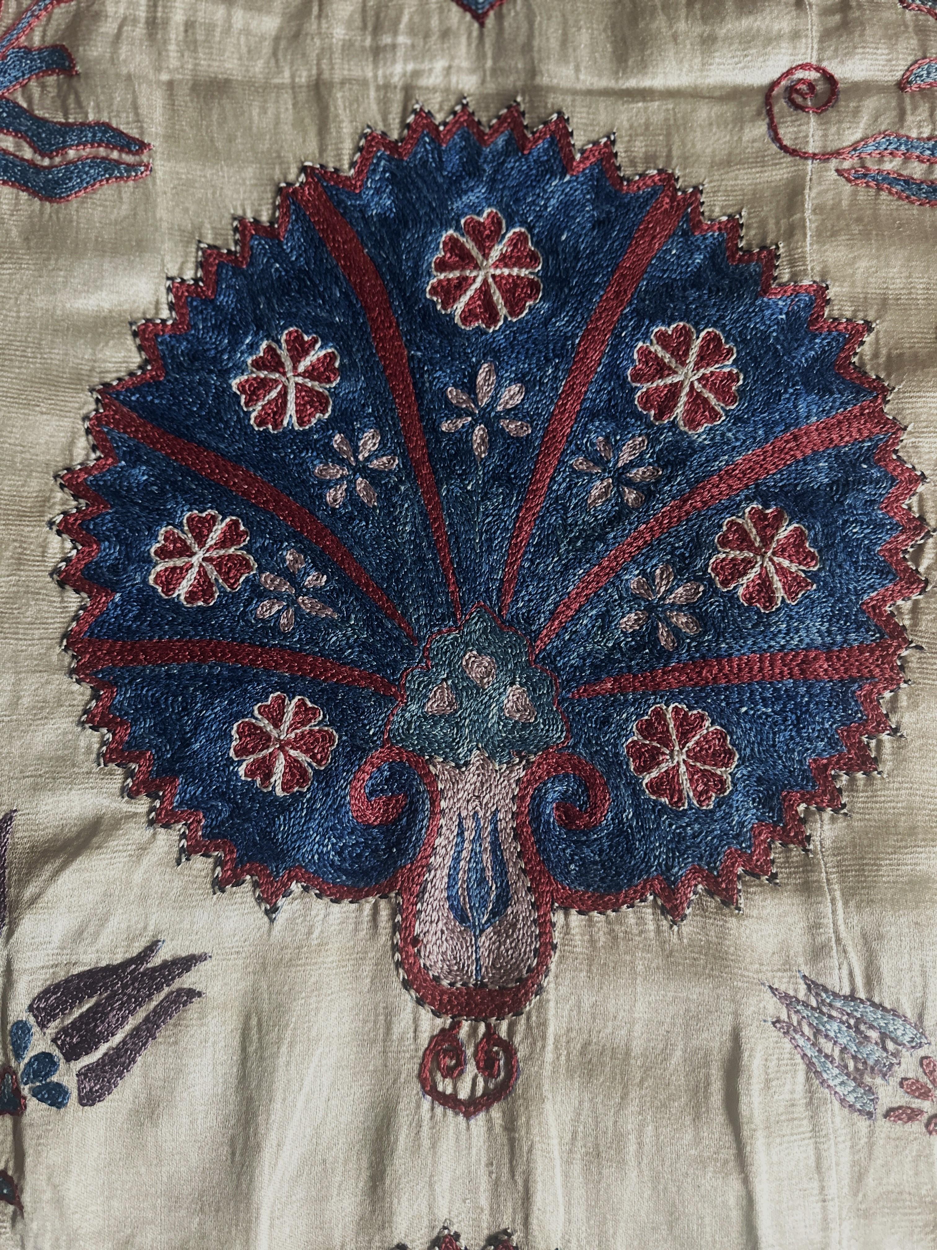 Turkish Ottoman Silk Carnation Garden Hand Embroidered Suzani Tapestry For Sale