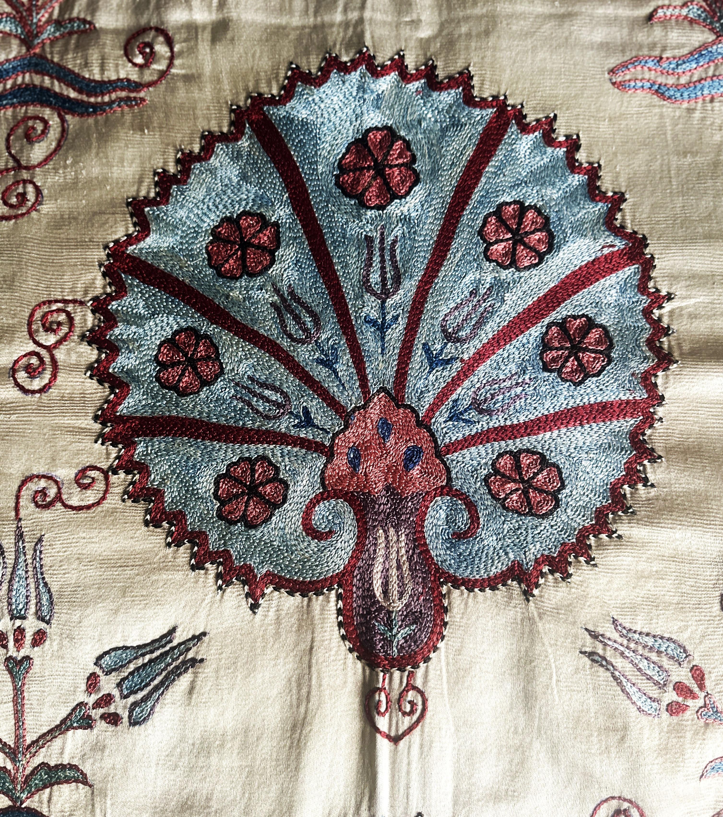 Ottoman Silk Carnation Garden Hand Embroidered Suzani Tapestry In New Condition For Sale In London, GB