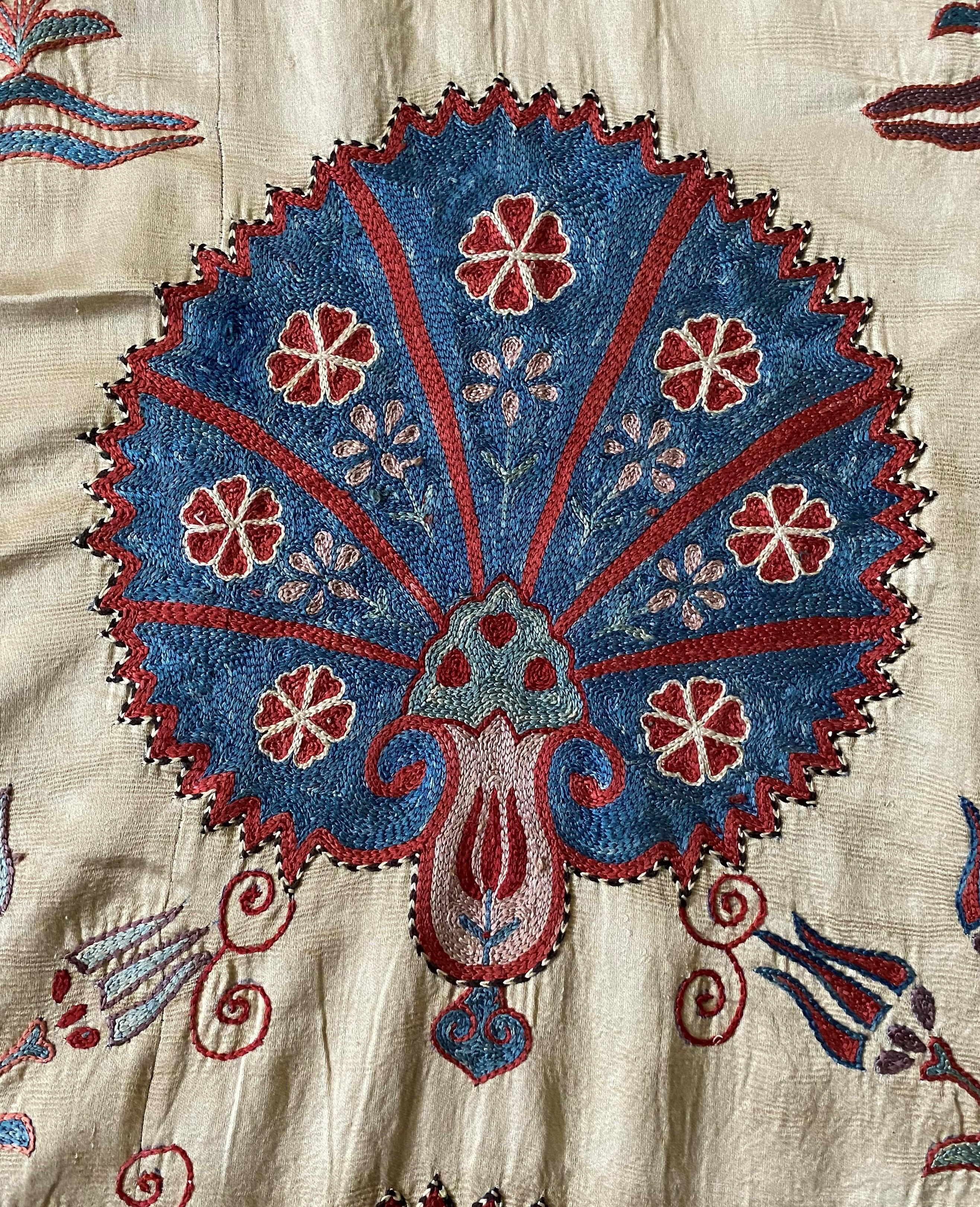 Contemporary Ottoman Silk Carnation Garden Hand Embroidered Suzani Tapestry For Sale