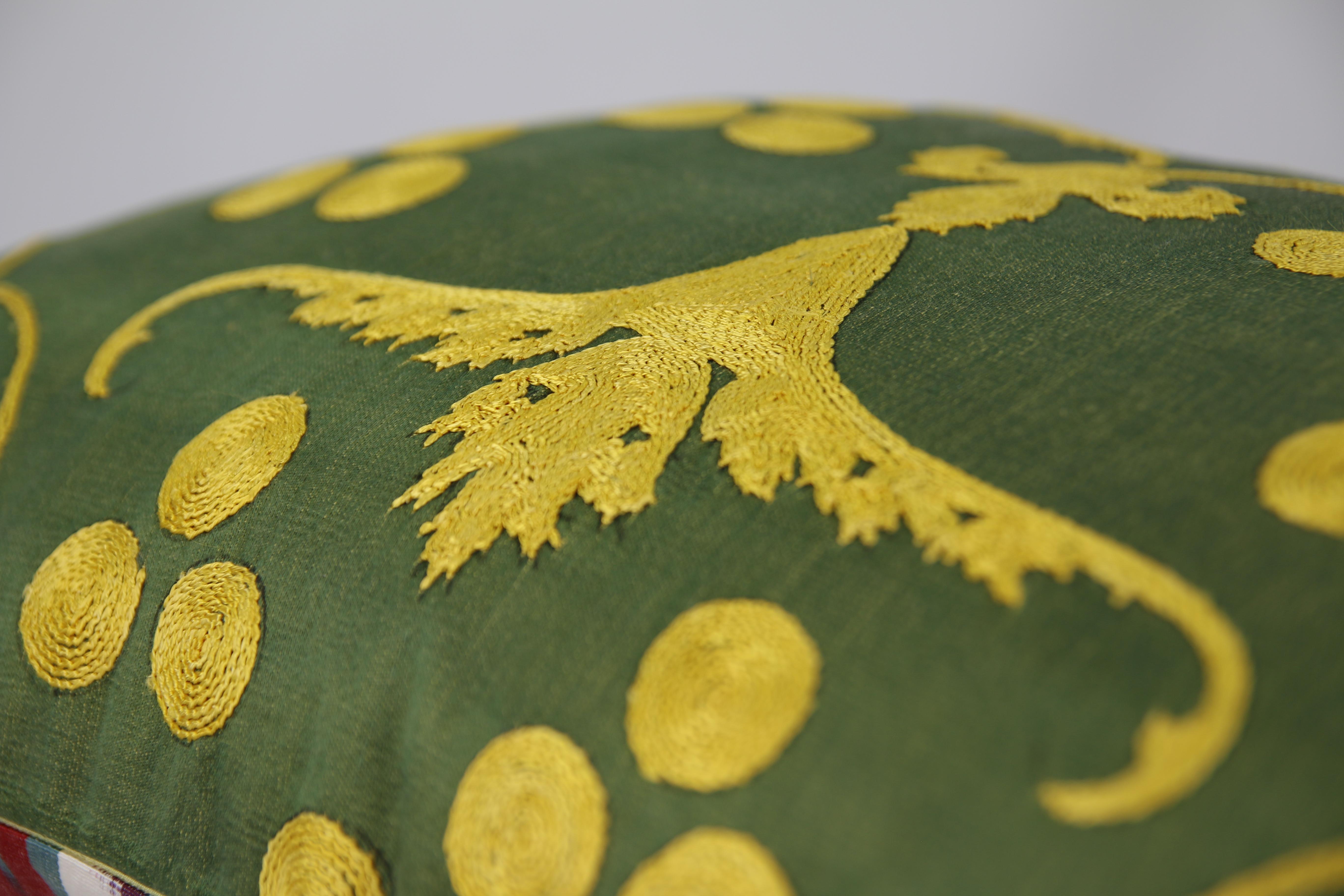 Turkish Ottoman Silk Chintamani Green Hand Embroidered Suzani Cushion Cover For Sale