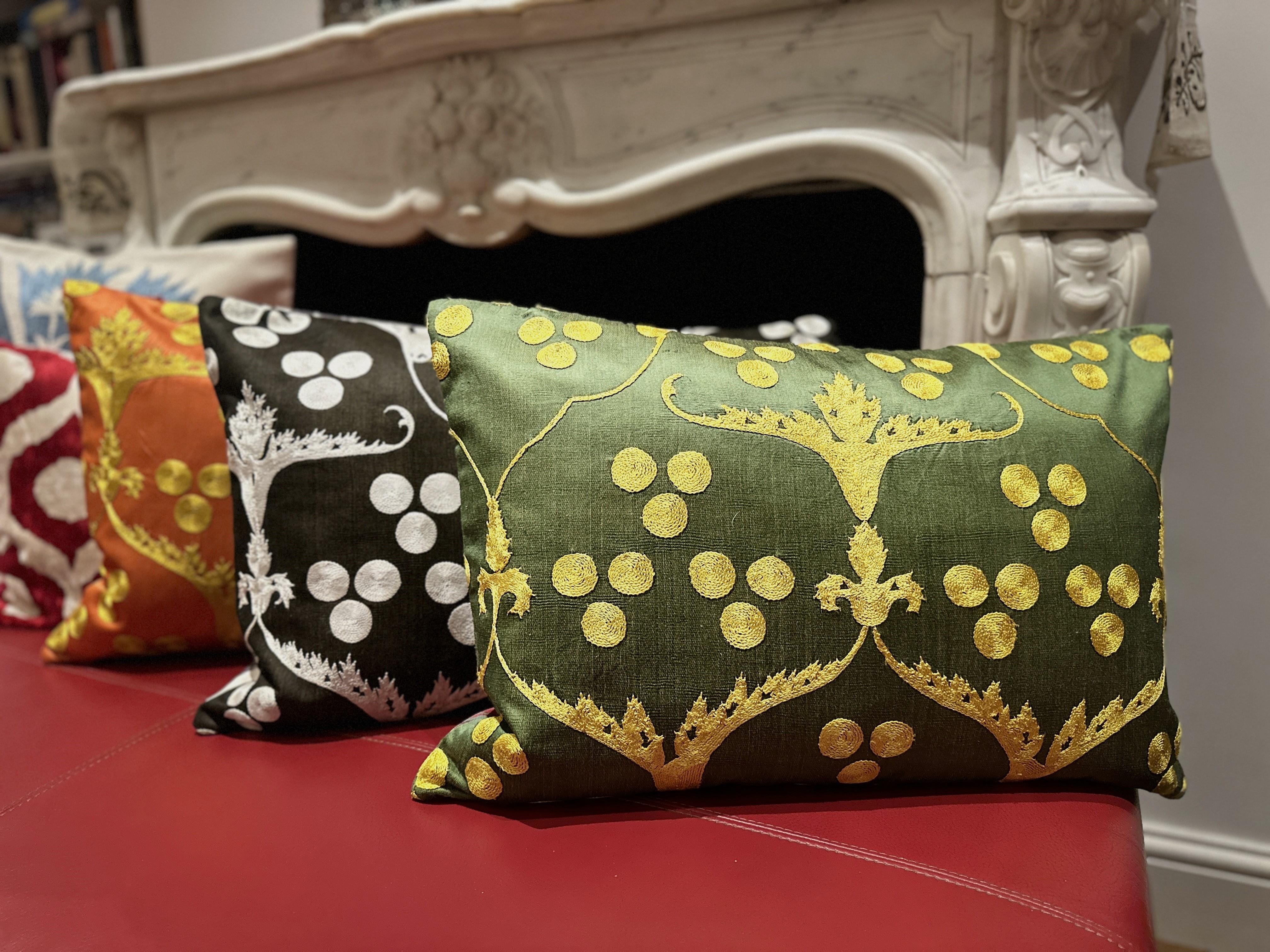 Contemporary Ottoman Silk Chintamani Green Hand Embroidered Suzani Cushion Cover For Sale