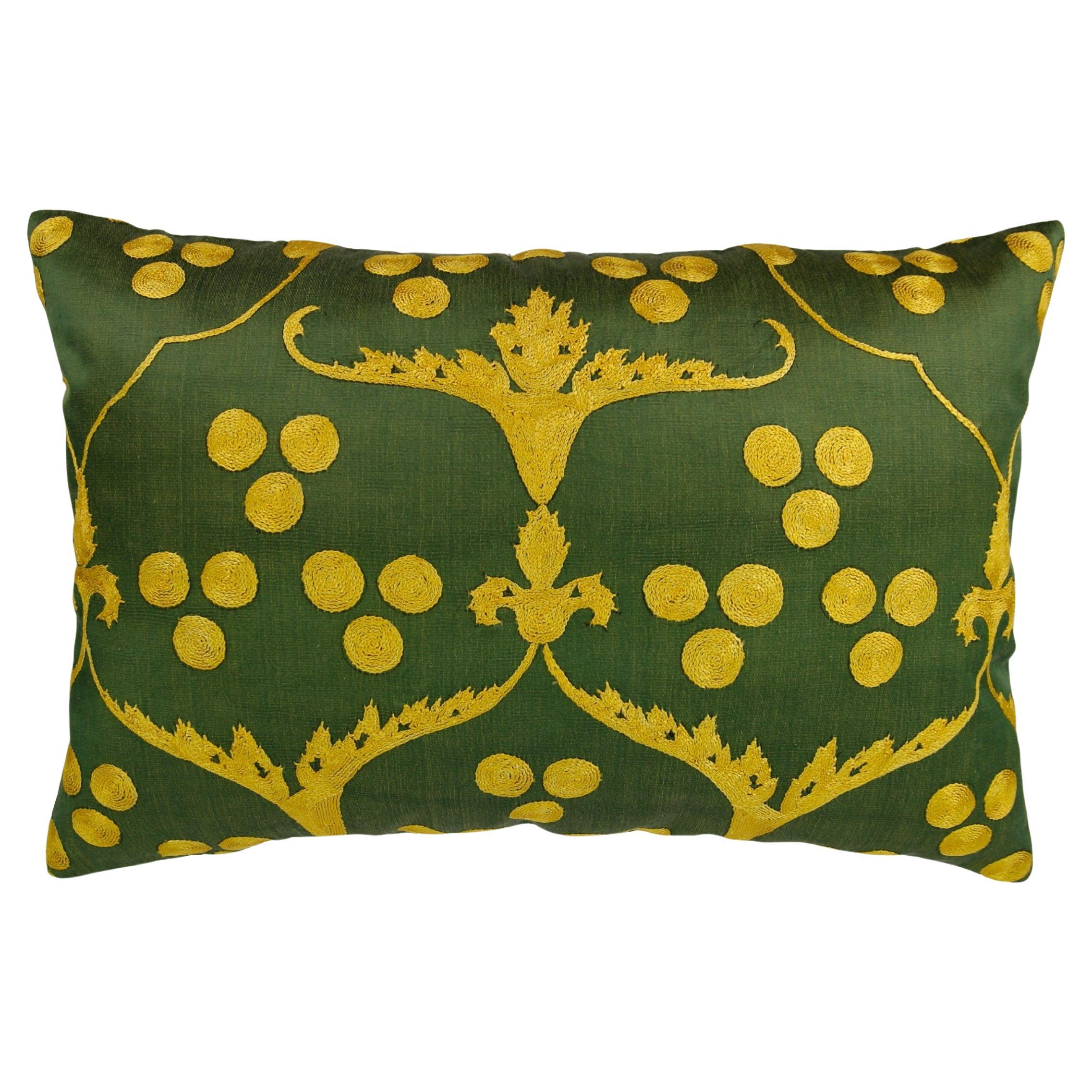 Ottoman Silk Chintamani Green Hand Embroidered Suzani Cushion Cover