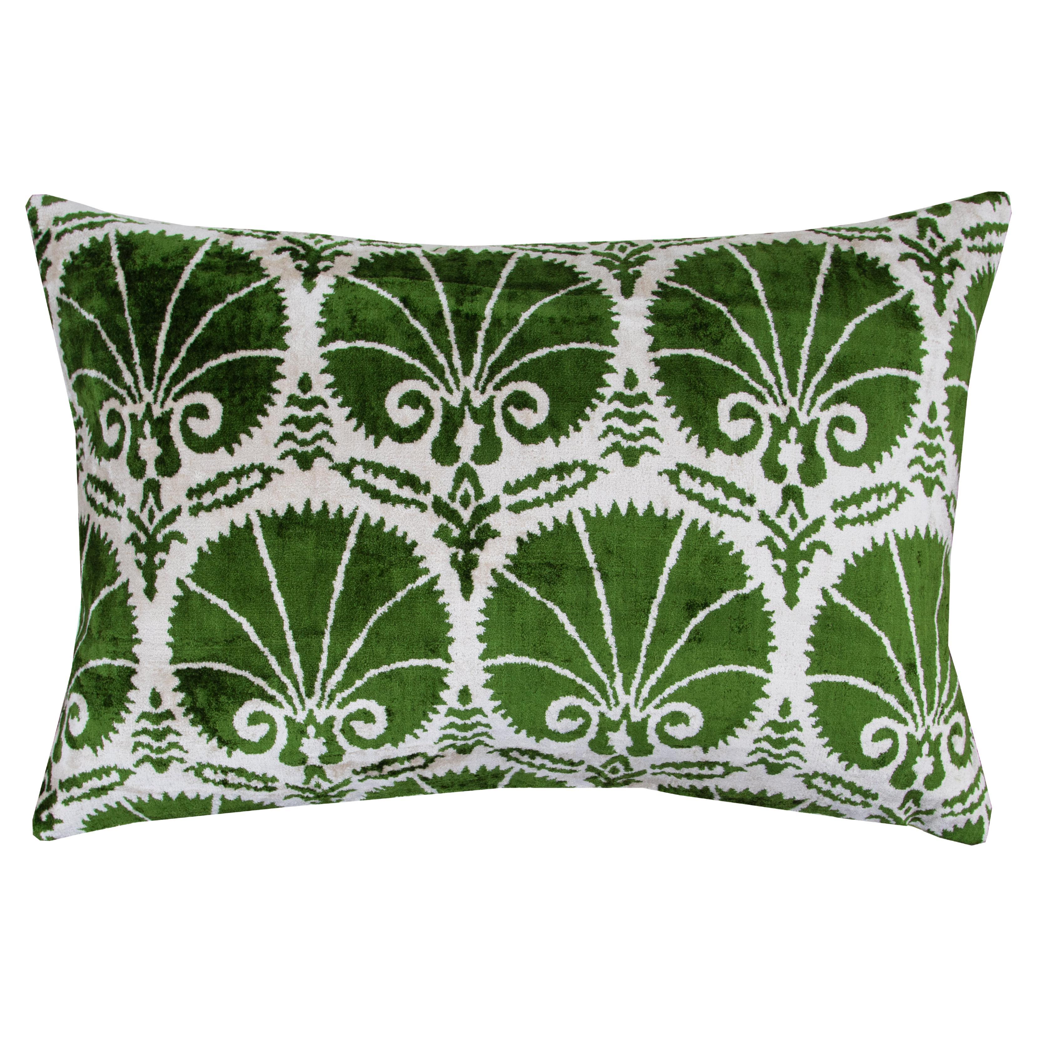 Ottoman Silk Green Carnation Velvet Ikat Cushion Cover