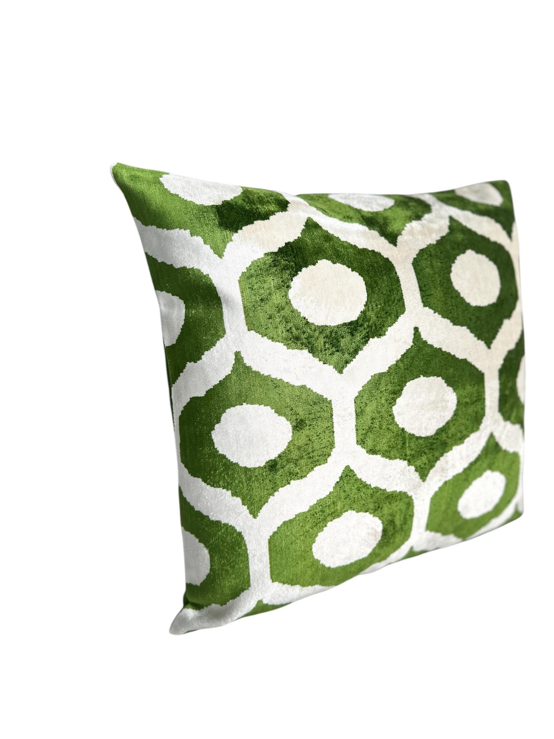 Other Ottoman Silk Green Dots Velvet Ikat Cushion For Sale