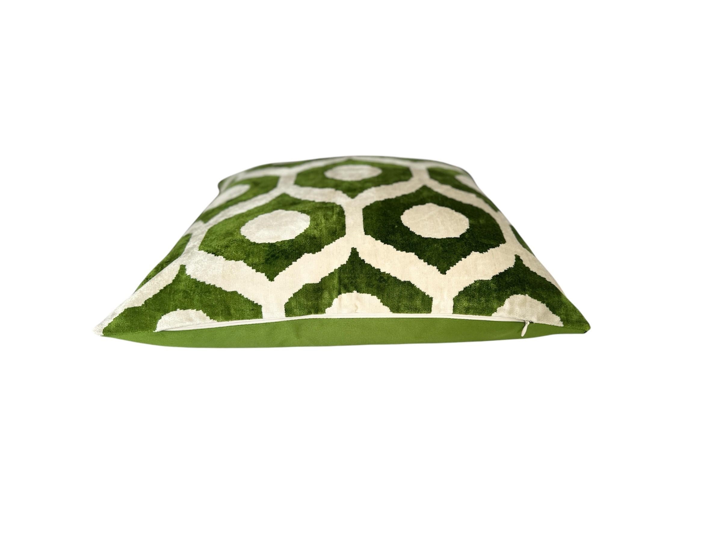 Turkish Ottoman Silk Green Dots Velvet Ikat Cushion For Sale