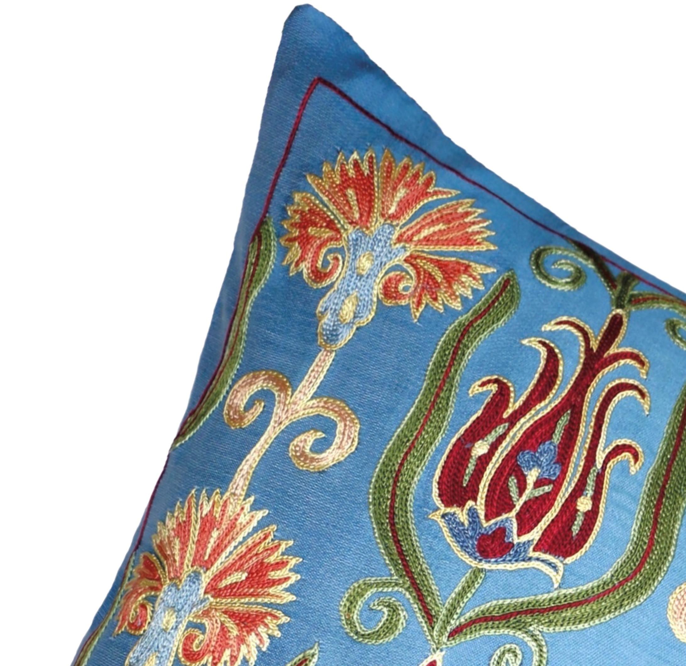 Turkish Ottoman Silk  Hand Embroidered Suzani Cushion For Sale
