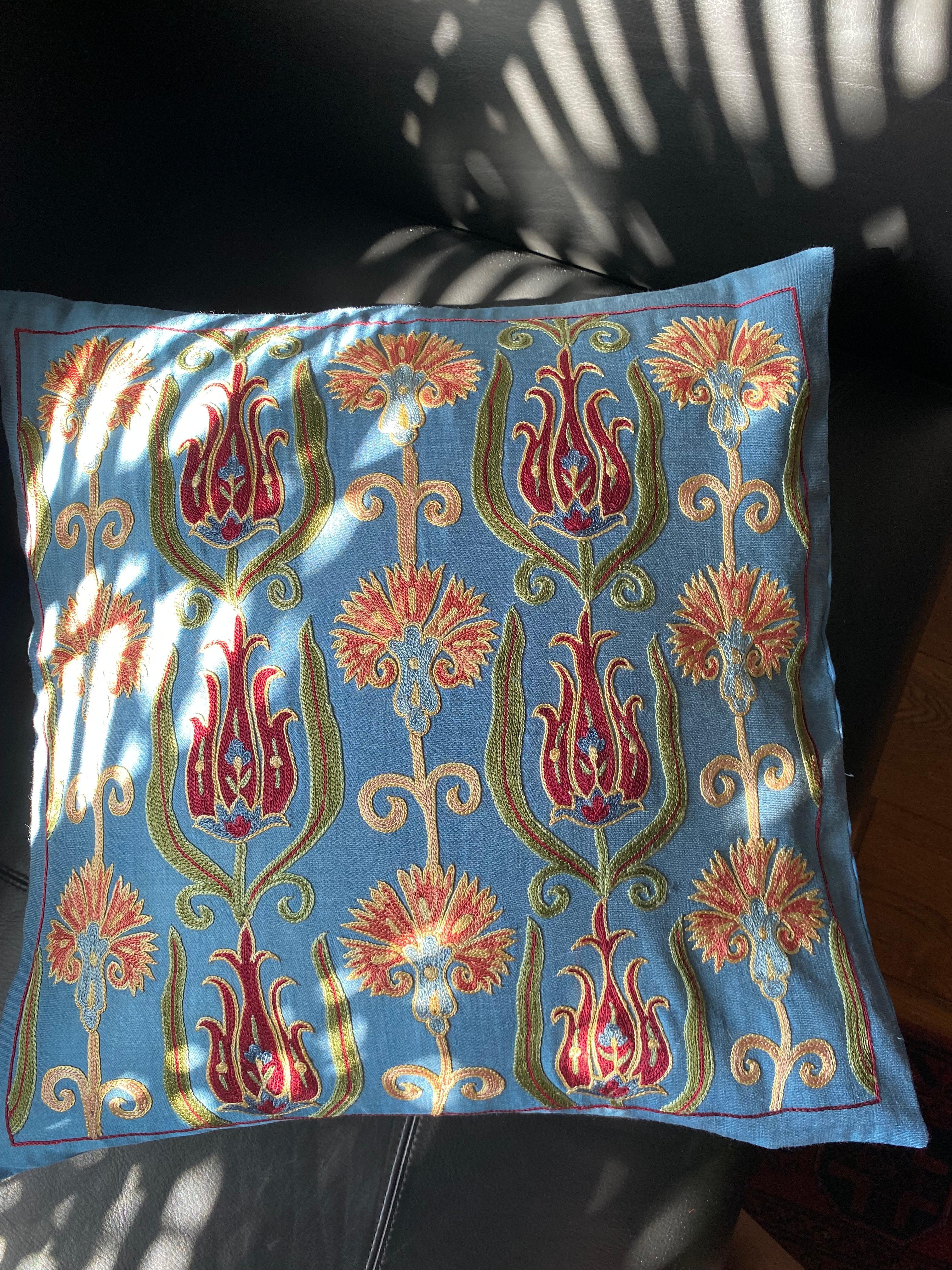 Contemporary Ottoman Silk  Hand Embroidered Suzani Cushion For Sale