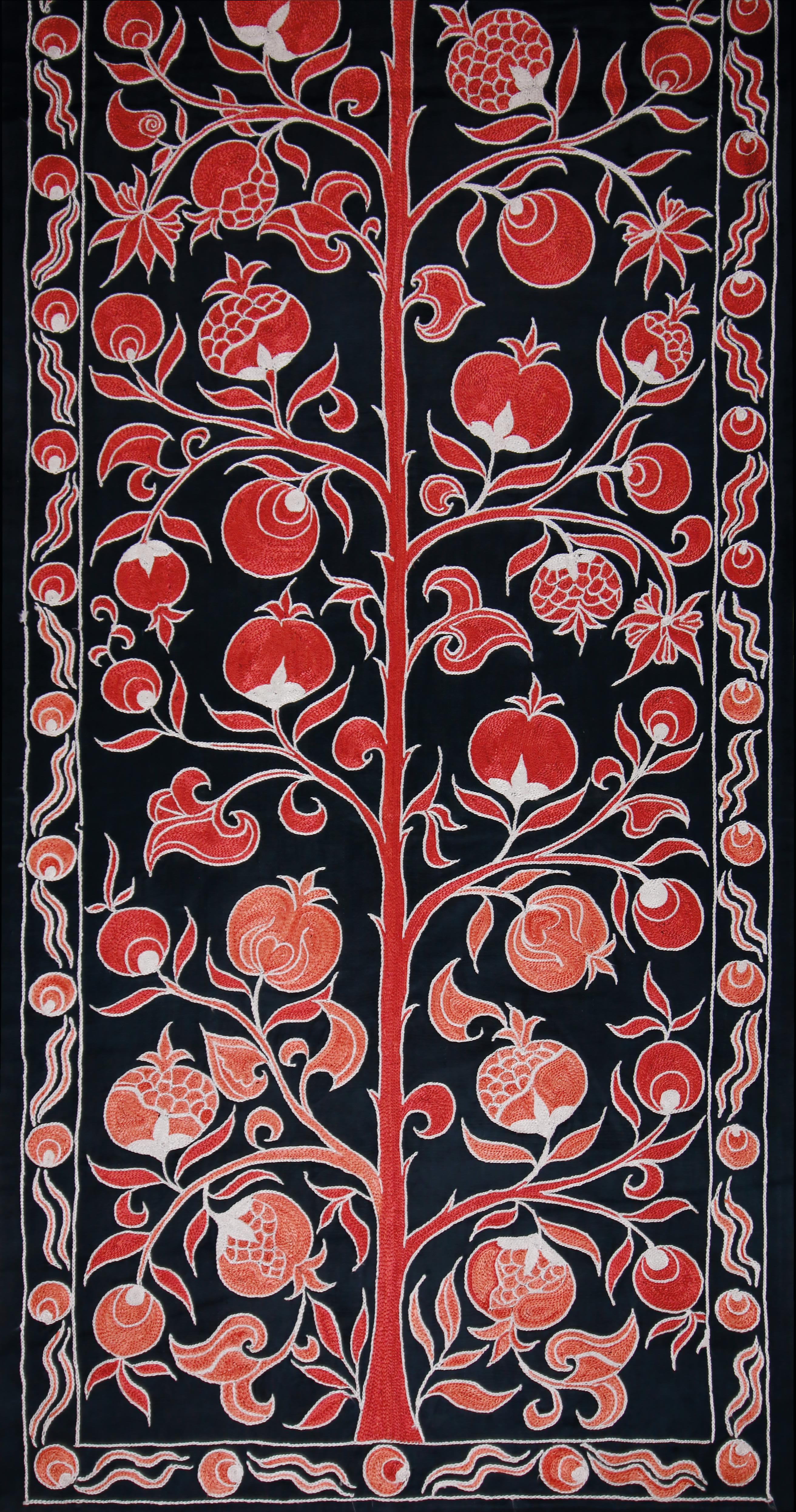 Turkish Ottoman Silk Pomegranate Garden Hand Embroidered Suzani Runner For Sale