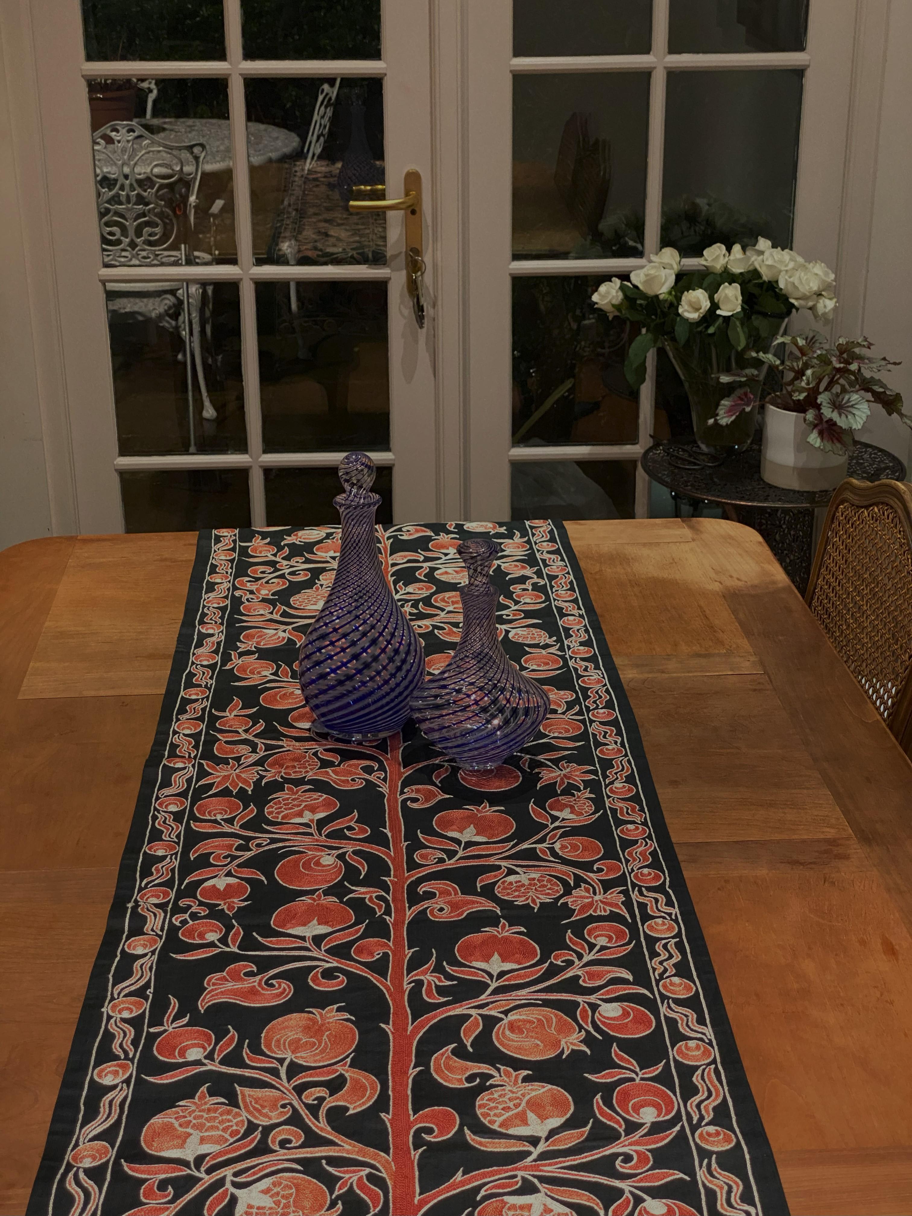 Ottoman Silk Pomegranate Garden Hand Embroidered Suzani Runner In New Condition For Sale In London, GB