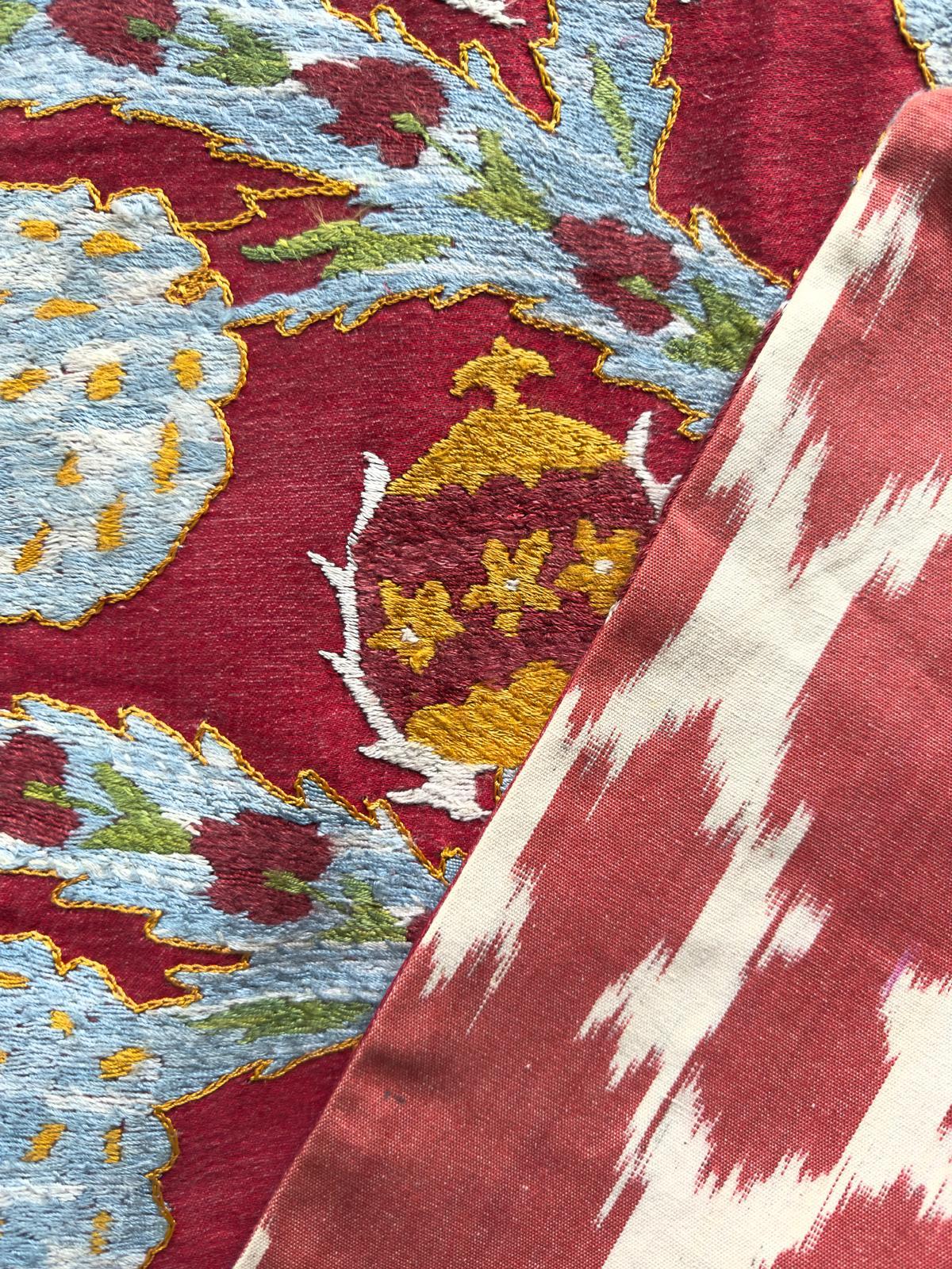 Turco Ottoman Silk Pomegranate Suzani Cushion with Hand-Dyed Ikat Back in vendita