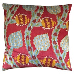 Ottoman Silk Pomegranate Suzani Cushion with Hand-Dyed Ikat Back