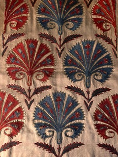 Ottoman Silk Red and Blue Carnation Hand Embroidered Suzani Runner