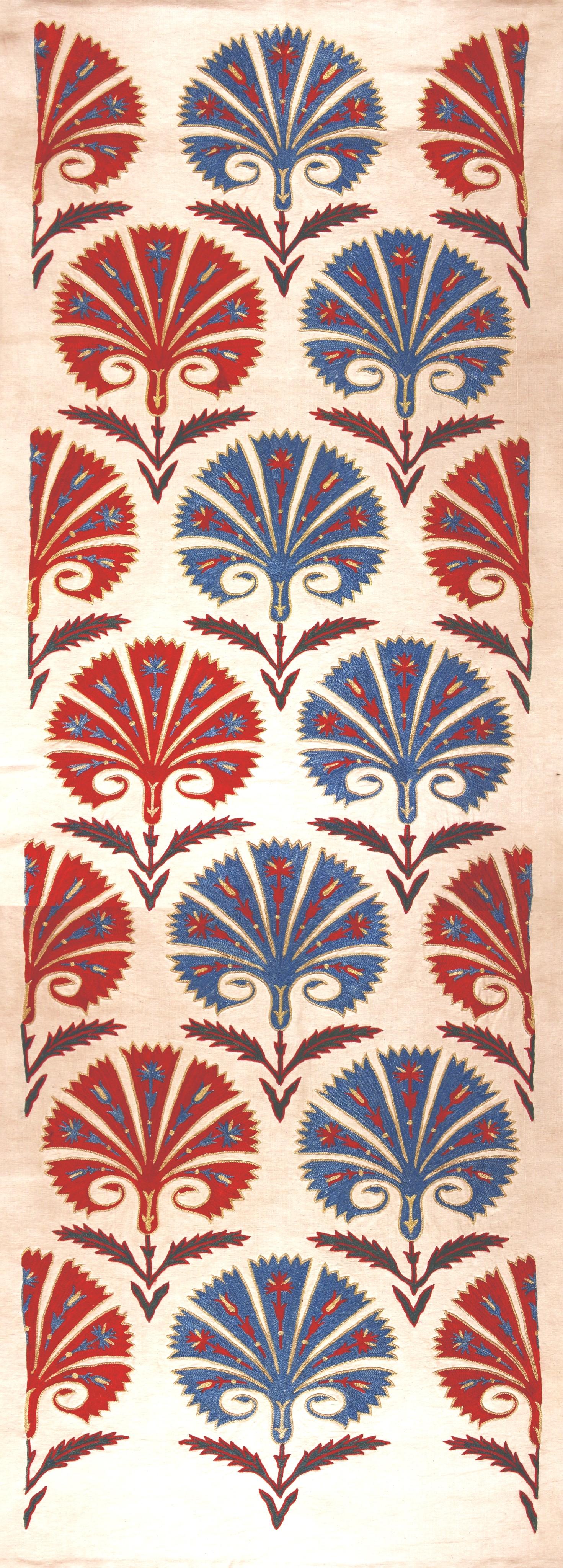 Ottoman Silk Red and Blue Carnation Hand Embroidered Suzani Runner For Sale