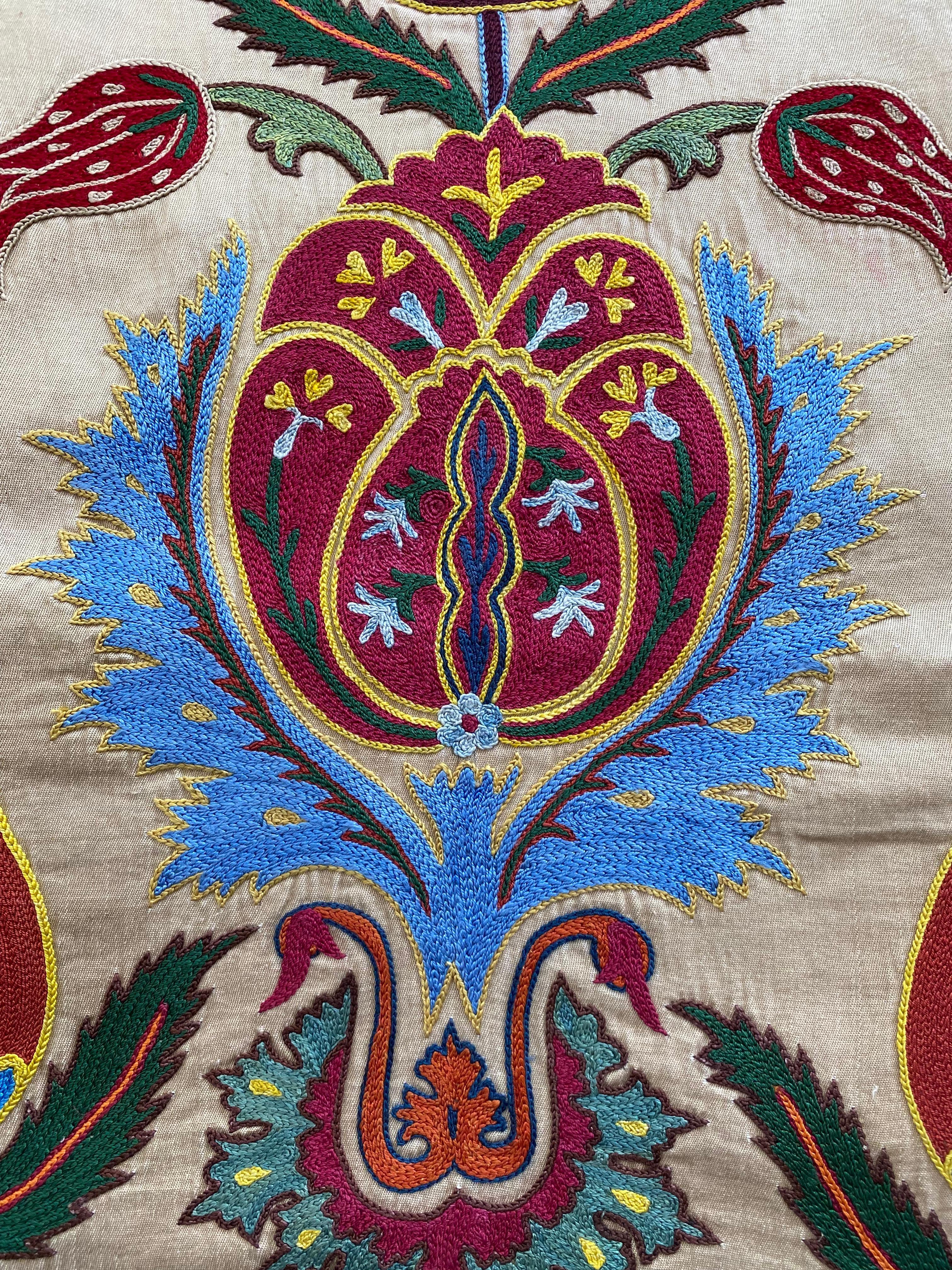 Turkish Ottoman Silk  Red Tulip Hand Embroidered Suzani Tapestry For Sale