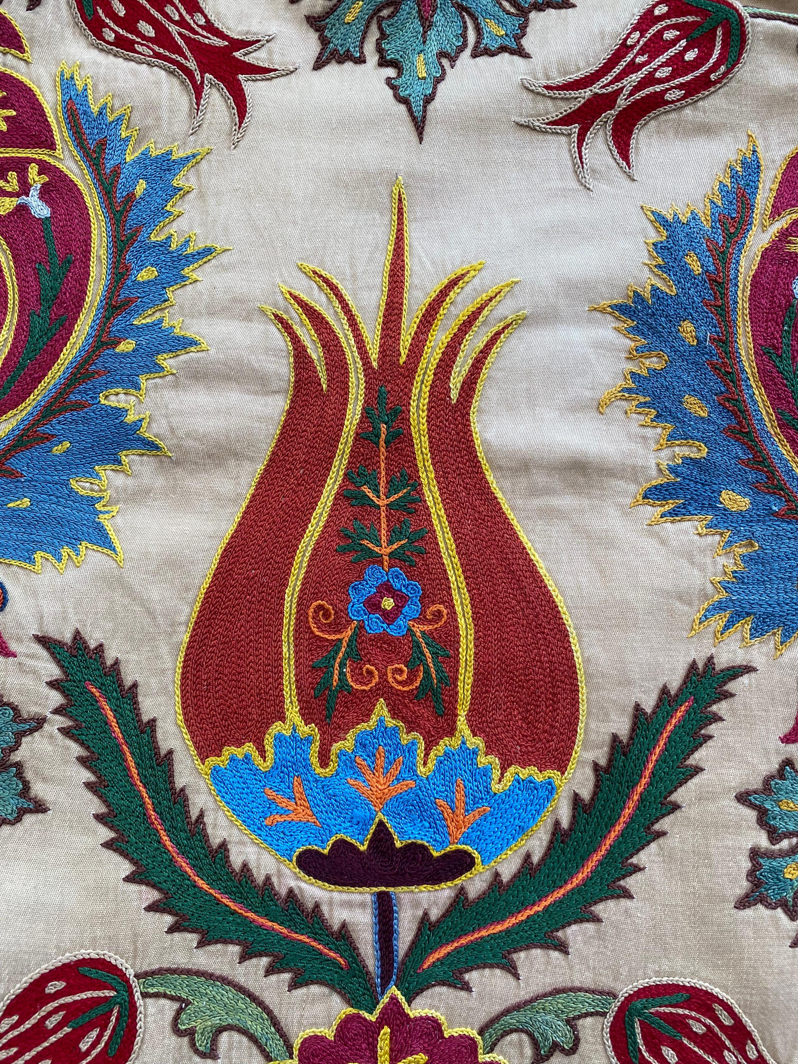 Ottoman Silk  Red Tulip Hand Embroidered Suzani Tapestry In New Condition For Sale In London, GB