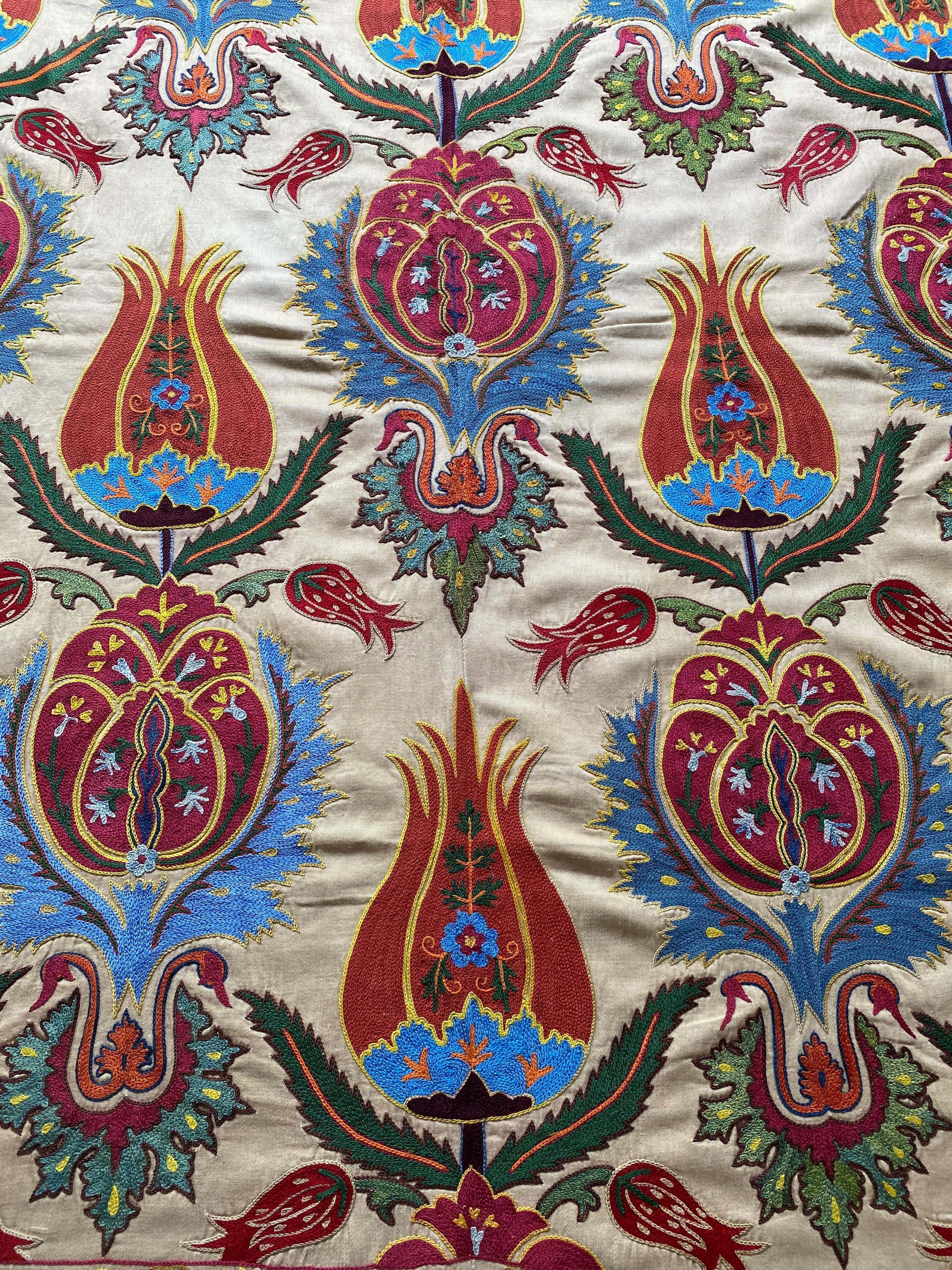 Contemporary Ottoman Silk  Red Tulip Hand Embroidered Suzani Tapestry For Sale