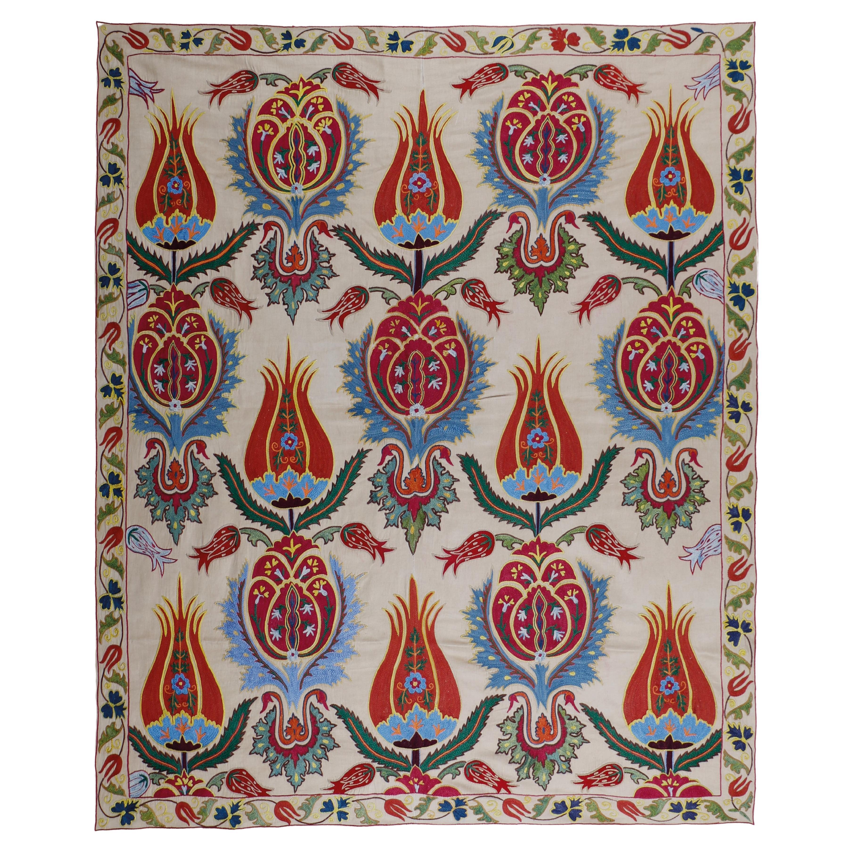 Ottoman Silk  Red Tulip Hand Embroidered Suzani Tapestry