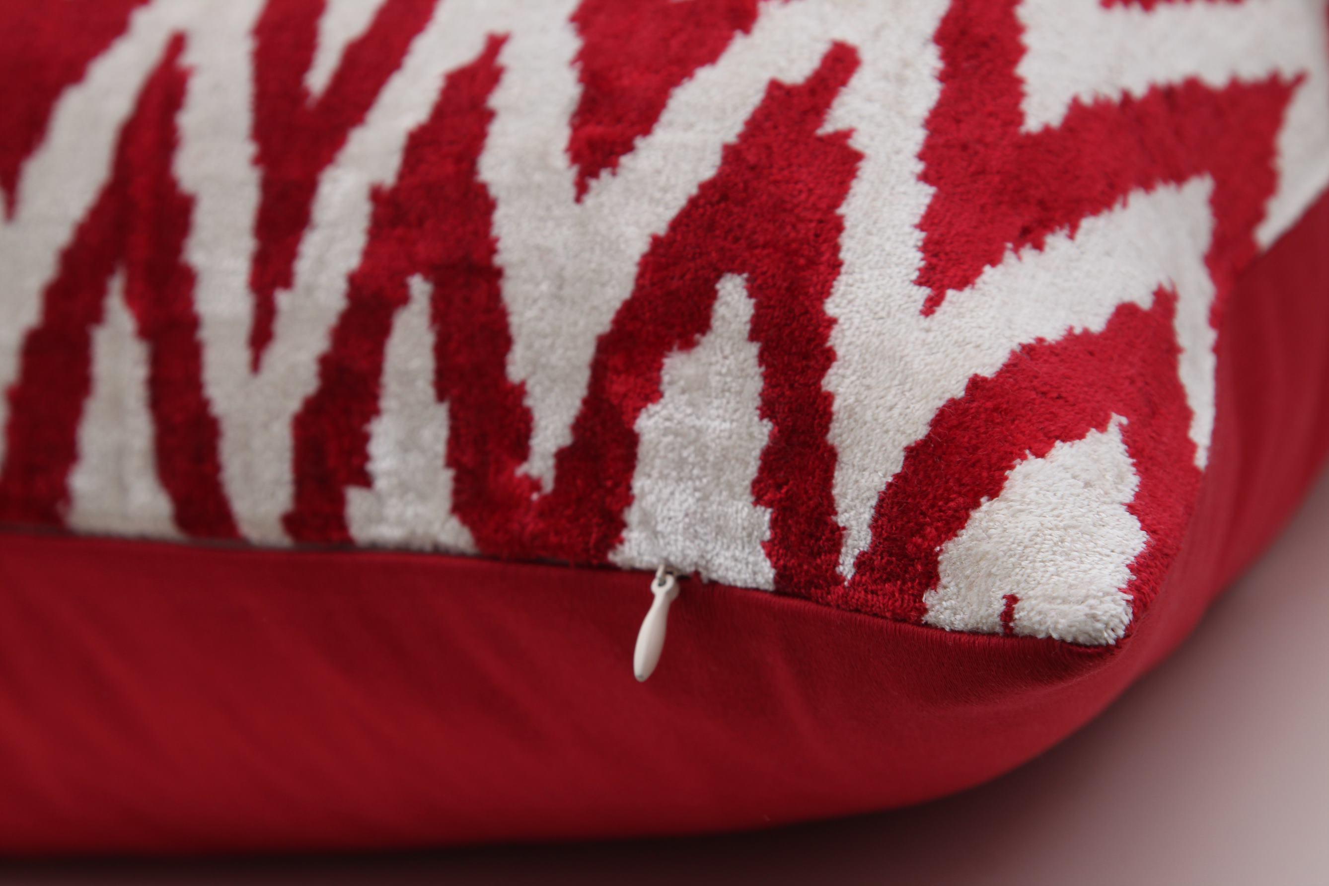 International Style Ottoman Silk Red Hand Dyed and Hand woven Velvet Cushion For Sale