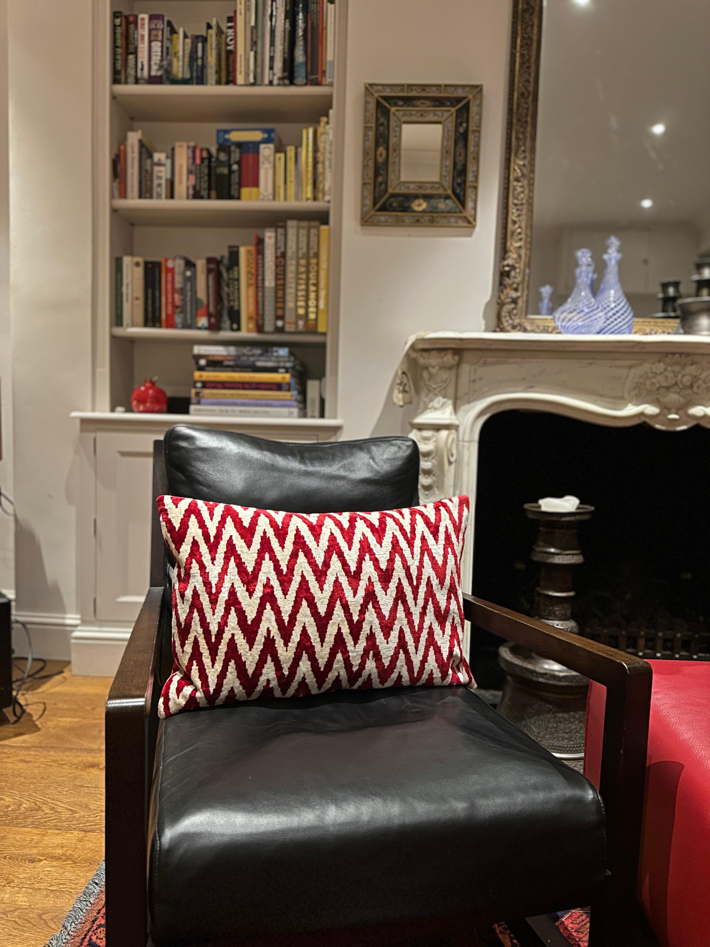 Hand-Painted Ottoman Silk Red Hand Dyed and Hand woven Velvet Cushion For Sale