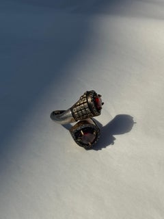 Ottoman-Style Sterling Silver Ring with Red Stones and Gold Detailing