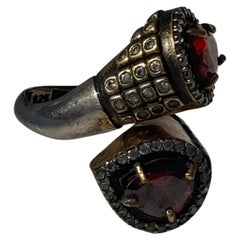 Ottoman-Style Sterling Silver Ring with Red Stones and Gold Detailing