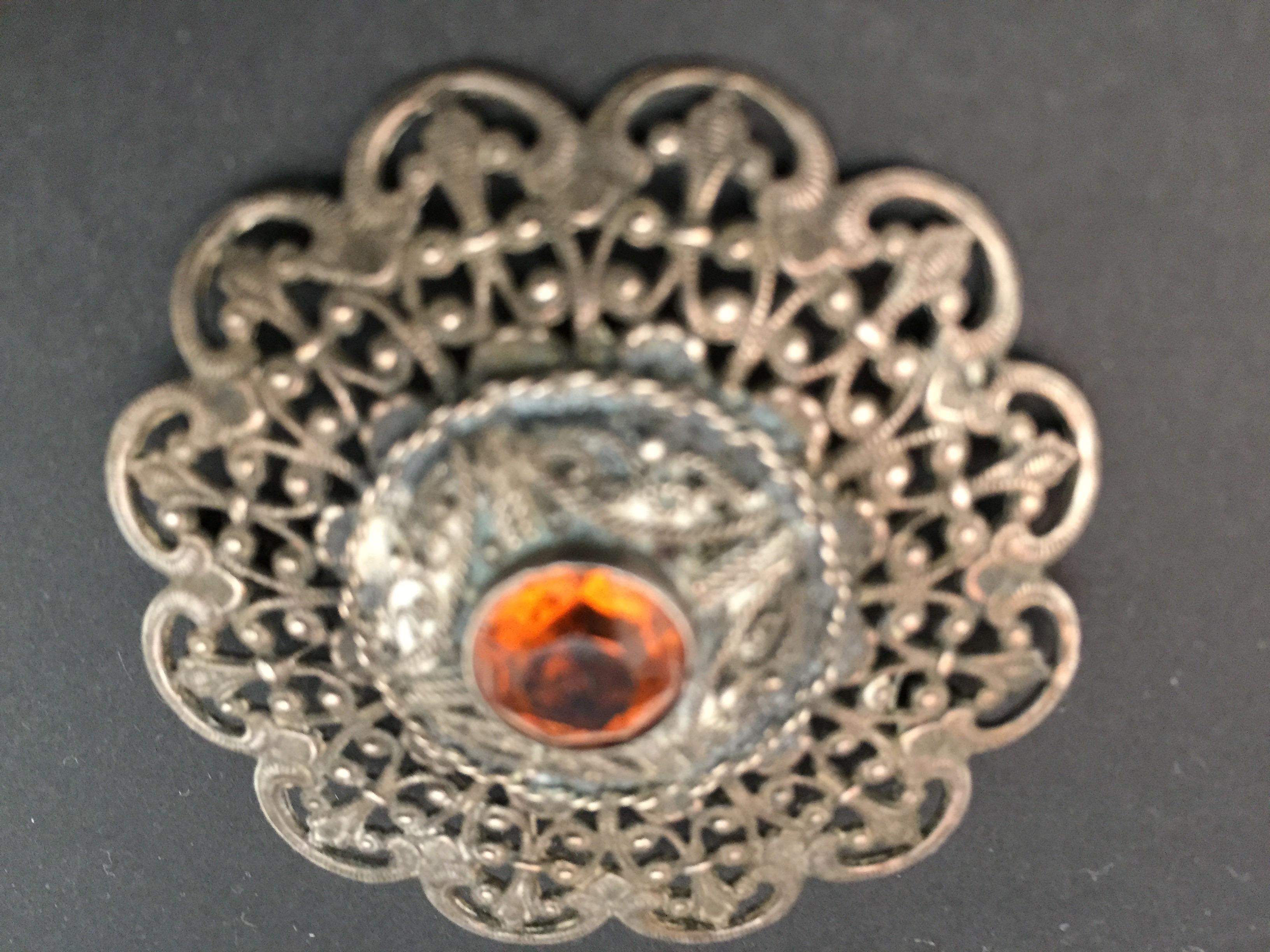 Islamic Ottoman Style Turkish Silver Brooch or Veil Pin with Moorish Filigree