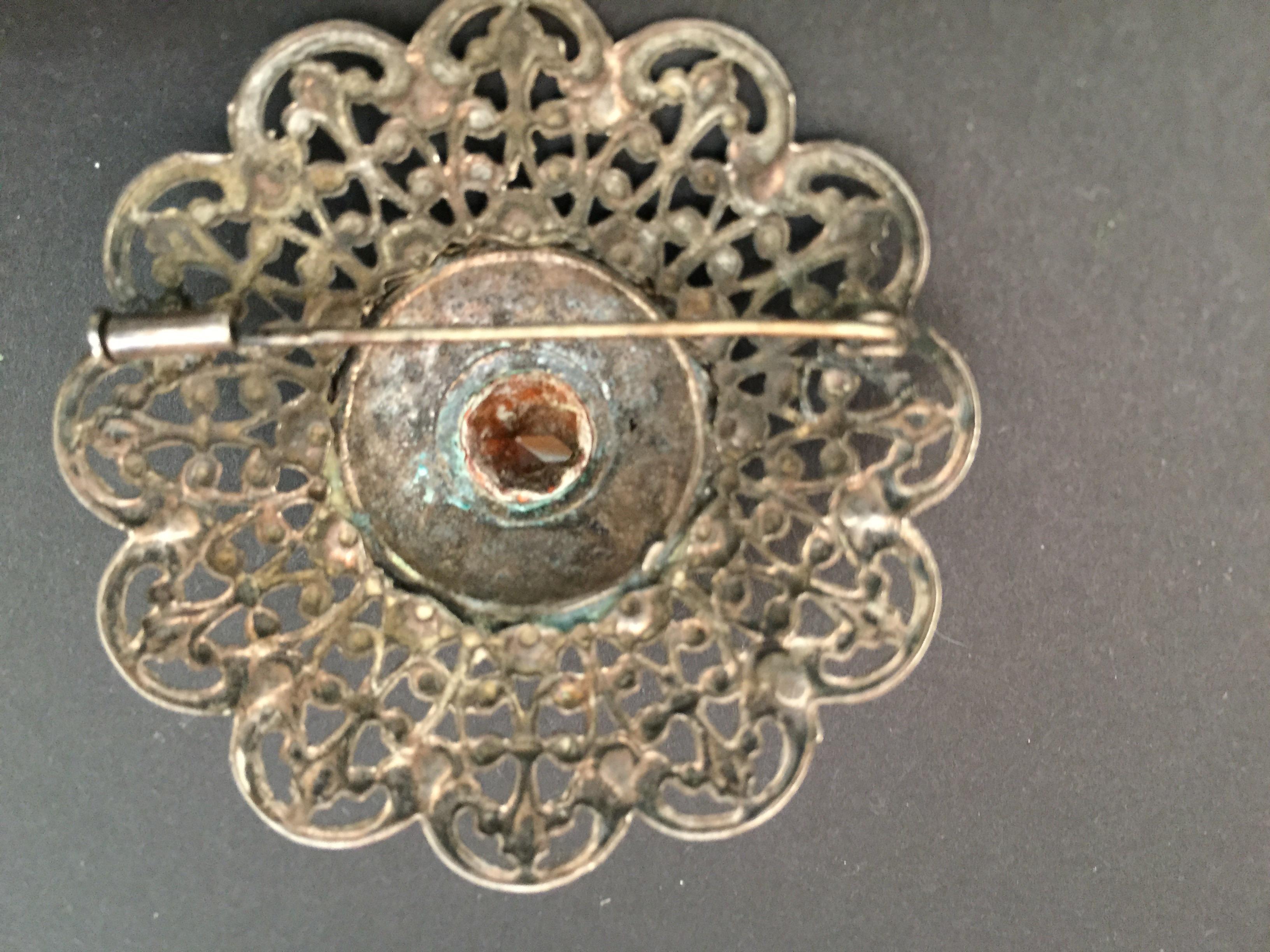Hand-Crafted Ottoman Style Turkish Silver Brooch or Veil Pin with Moorish Filigree
