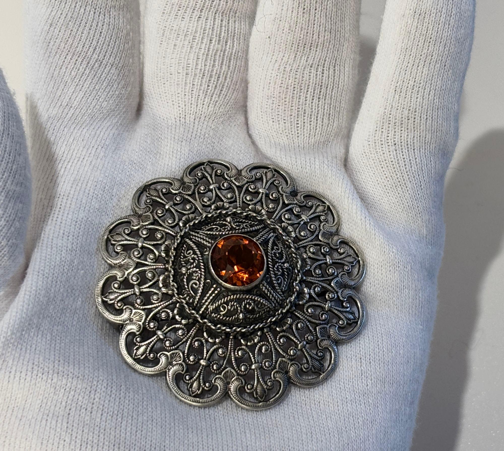 Ottoman Style Turkish Silver Brooch or Veil Pin with Moorish Filigree Lace For Sale 4
