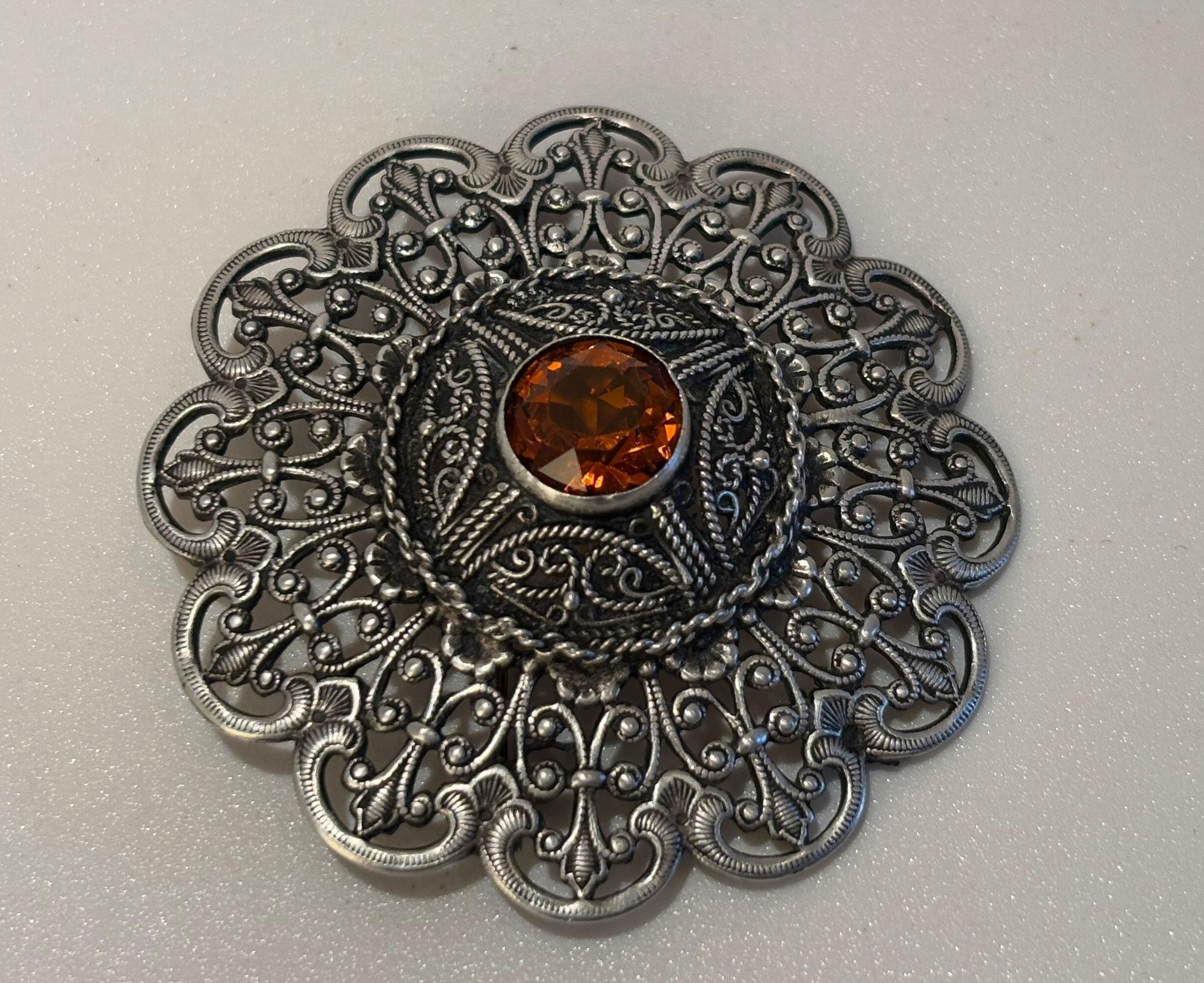 Islamic Ottoman Style Turkish Silver Brooch or Veil Pin with Moorish Filigree Lace For Sale