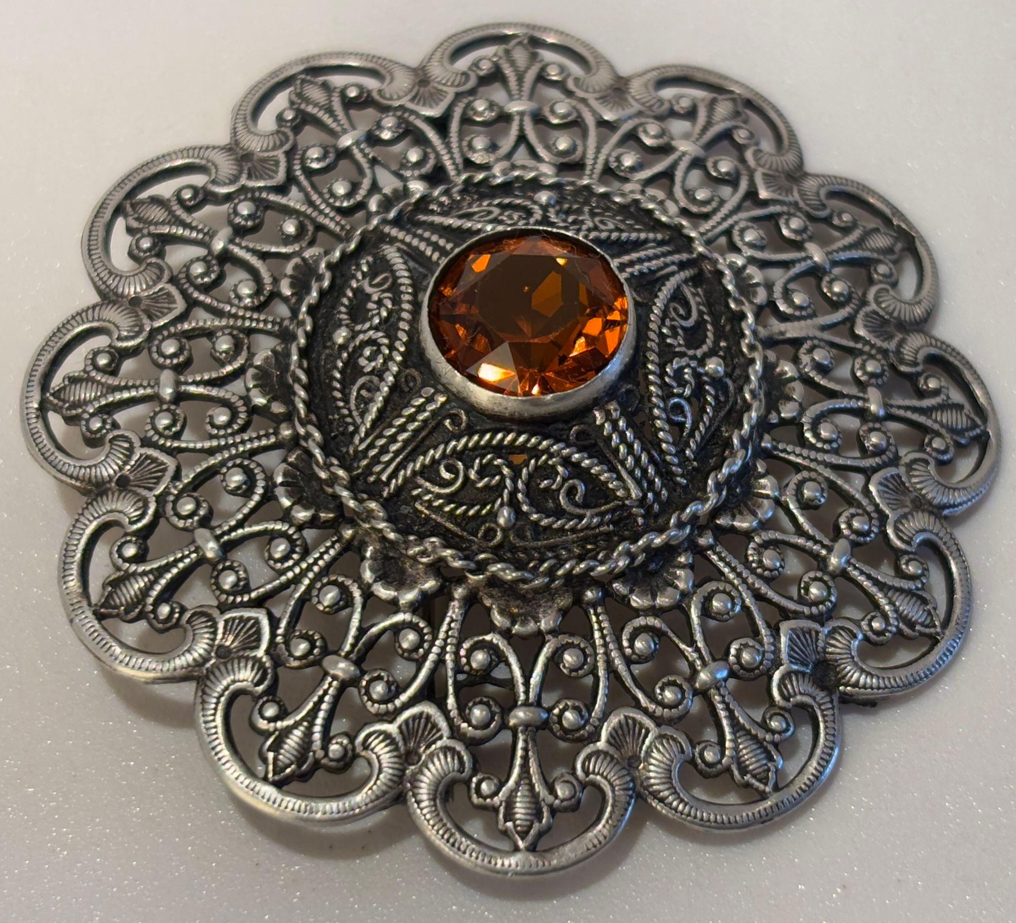Hand-Crafted Ottoman Style Turkish Silver Brooch or Veil Pin with Moorish Filigree Lace For Sale