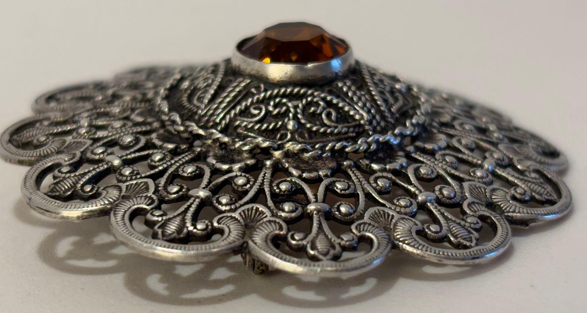 Ottoman Style Turkish Silver Brooch or Veil Pin with Moorish Filigree Lace In Good Condition For Sale In North Hollywood, CA