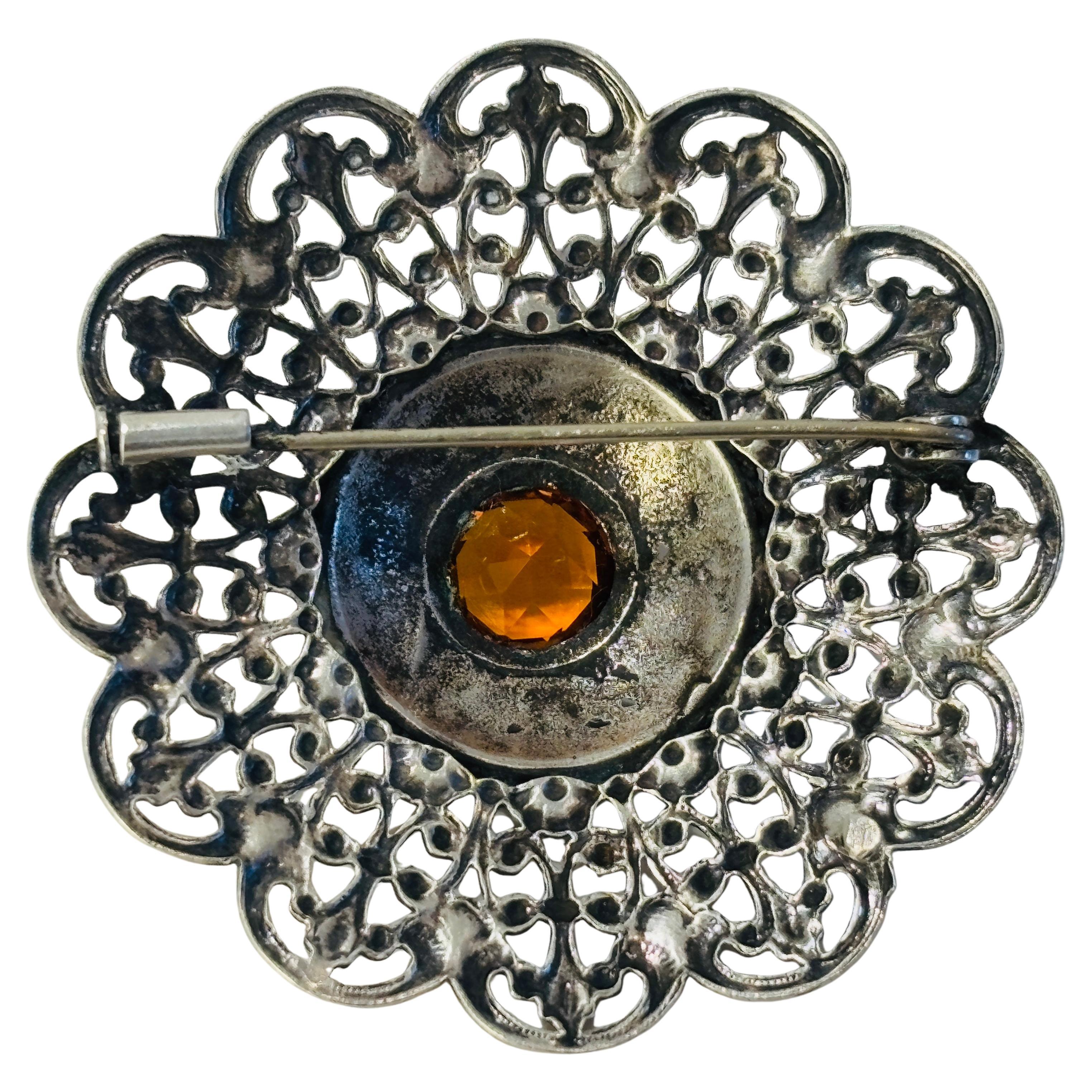 Brown Ottoman Style Turkish Silver Brooch or Veil Pin with Moorish Filigree Lace For Sale
