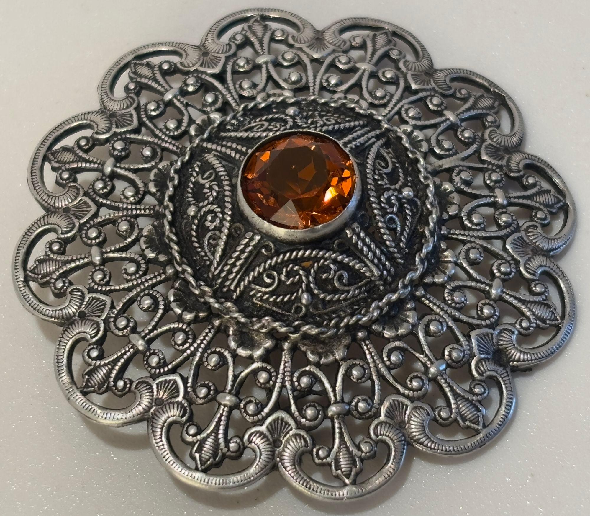 Ottoman Style Turkish Silver Brooch or Veil Pin with Moorish Filigree Lace For Sale 1