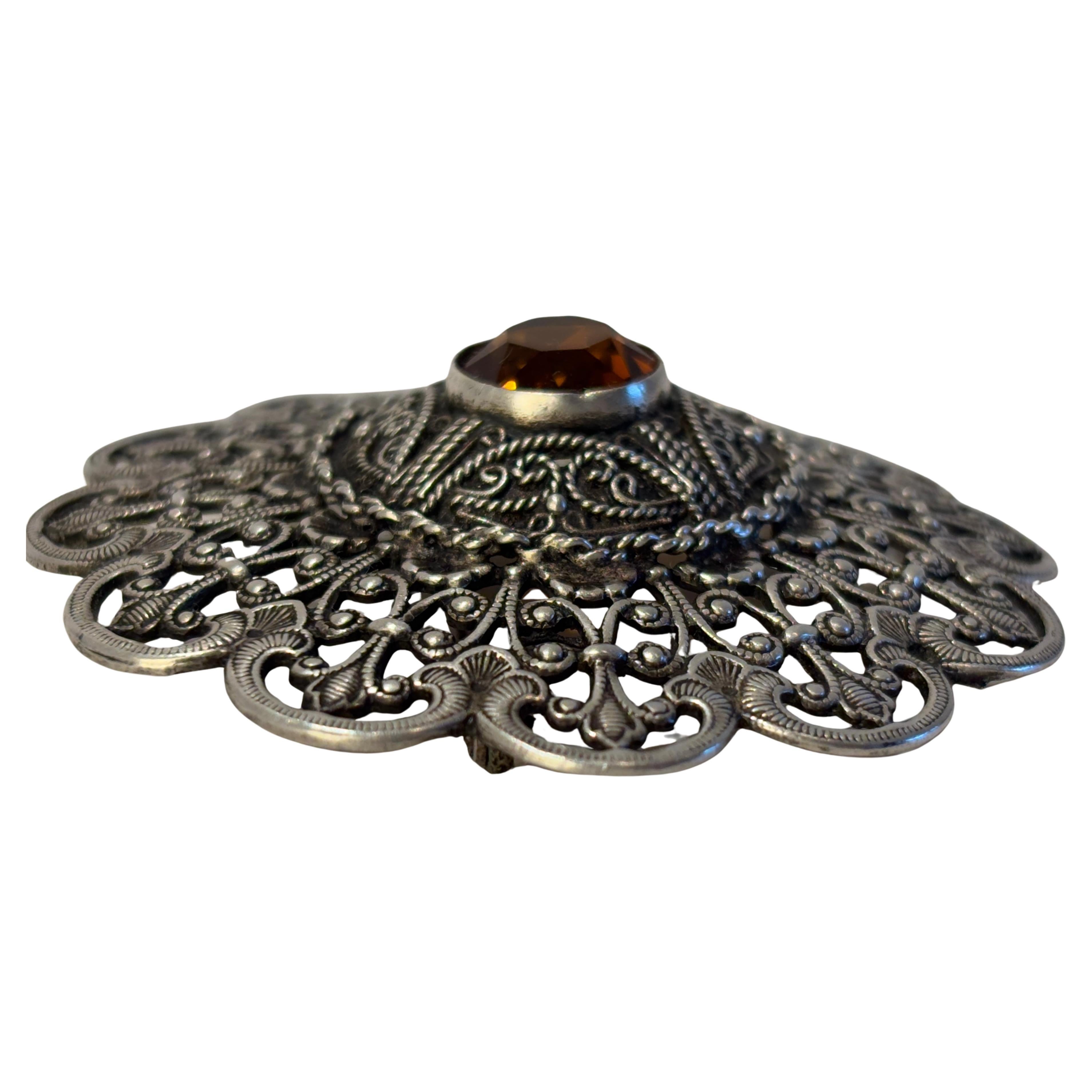 Ottoman Style Turkish Silver Brooch or Veil Pin with Moorish Filigree Lace In Good Condition For Sale In North Hollywood, CA