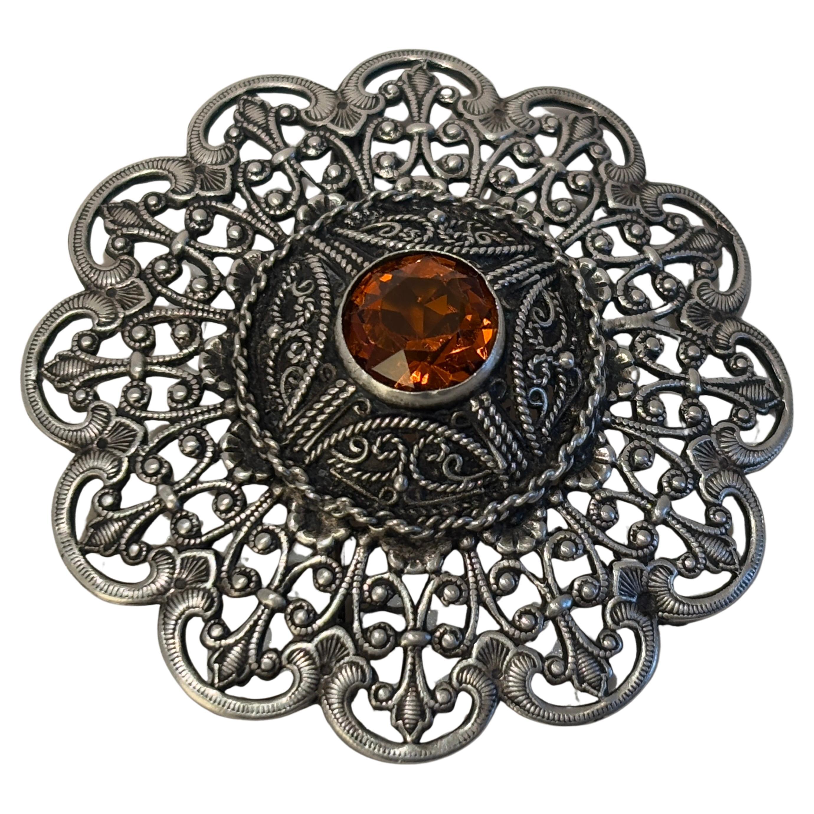 Women's or Men's Ottoman Style Turkish Silver Brooch or Veil Pin with Moorish Filigree Lace For Sale