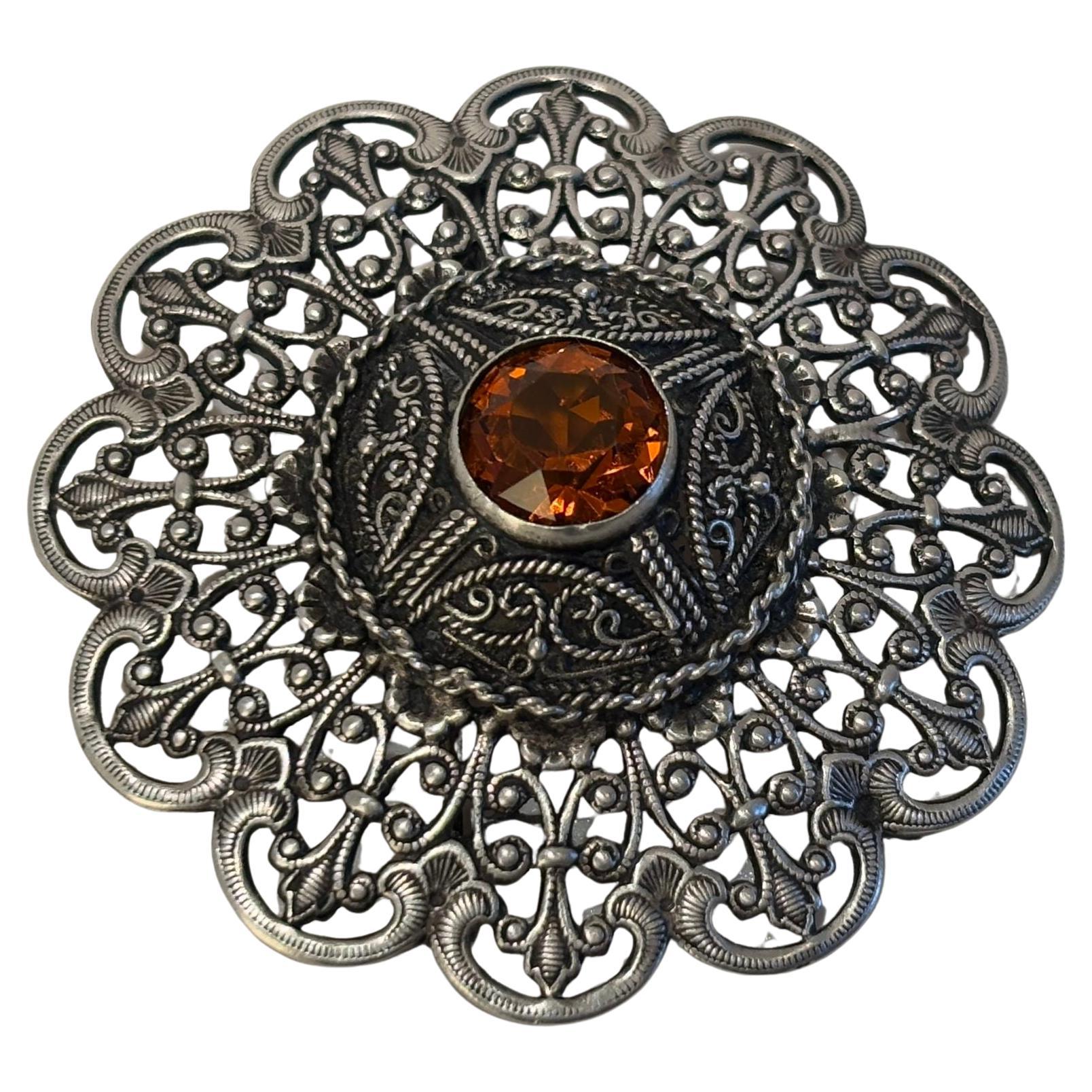 Ottoman Style Turkish Silver Brooch or Veil Pin with Moorish Filigree Lace