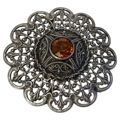 Ottoman Style Turkish Silver Brooch or Veil Pin with Moorish Filigree Lace