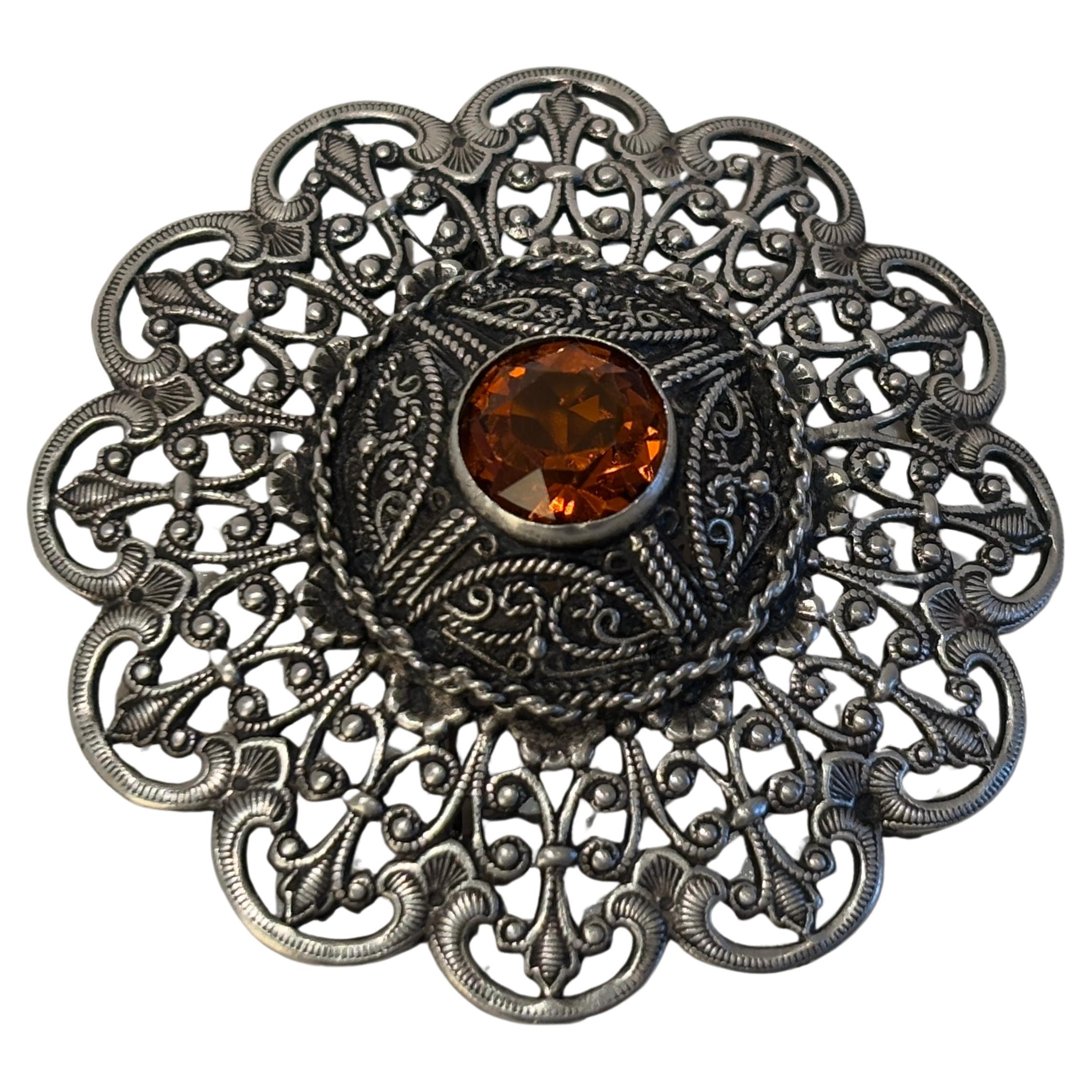 Ottoman Style Turkish Silver Brooch or Veil Pin with Moorish Filigree Lace For Sale