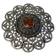 Ottoman Style Turkish Silver Brooch or Veil Pin with Moorish Filigree Lace