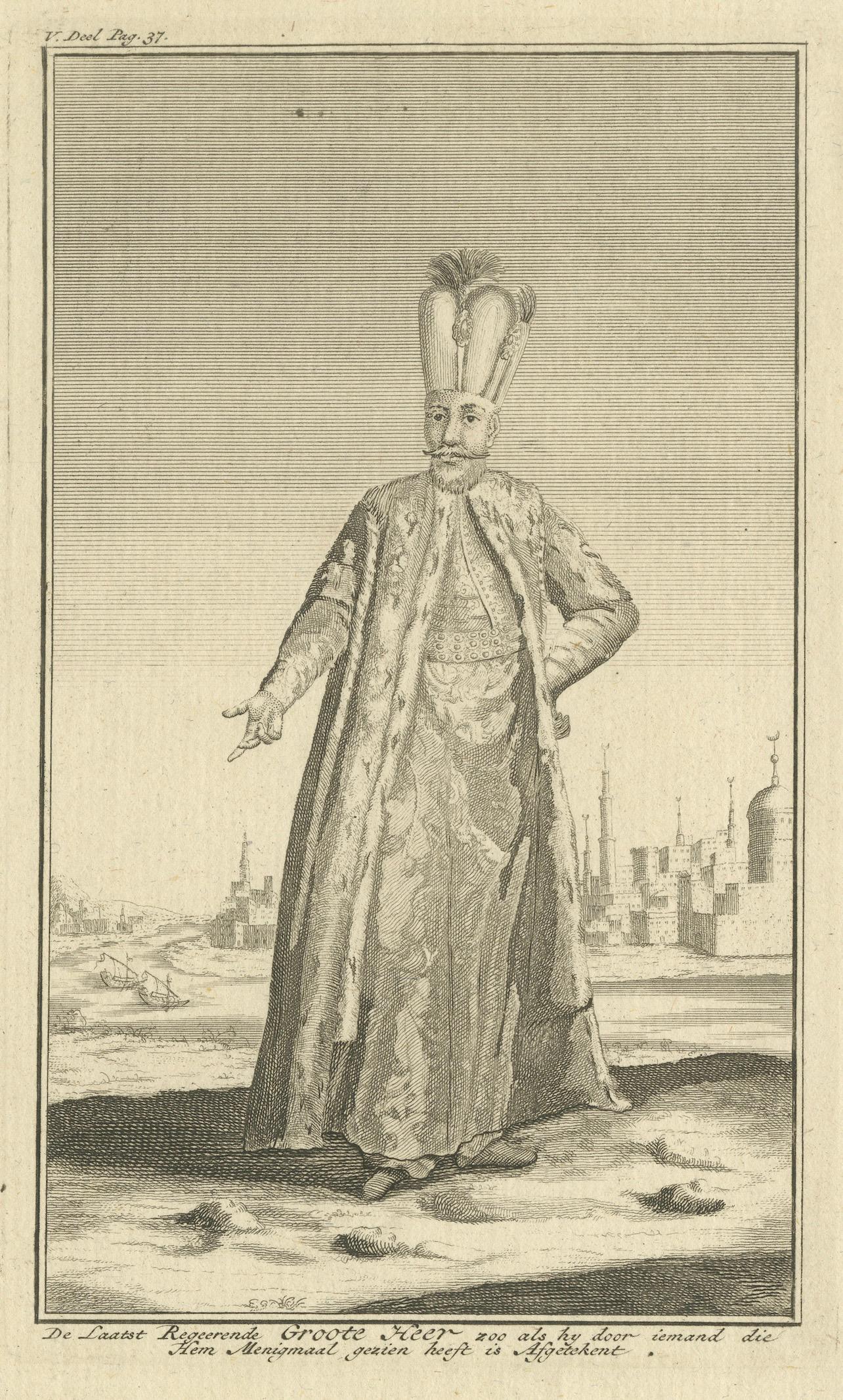 Ottoman Sultan Portrait Engraving, Constantinople View, c.1738